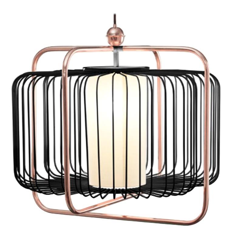 Contemporary Art Deco inspired Jules I Pendant Lamp in Copper, Blue and Linen