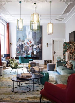 Zeitgenössische, vom Art déco inspirierte Jules I.-Hängelampe in Kupfer und Kobaltblau