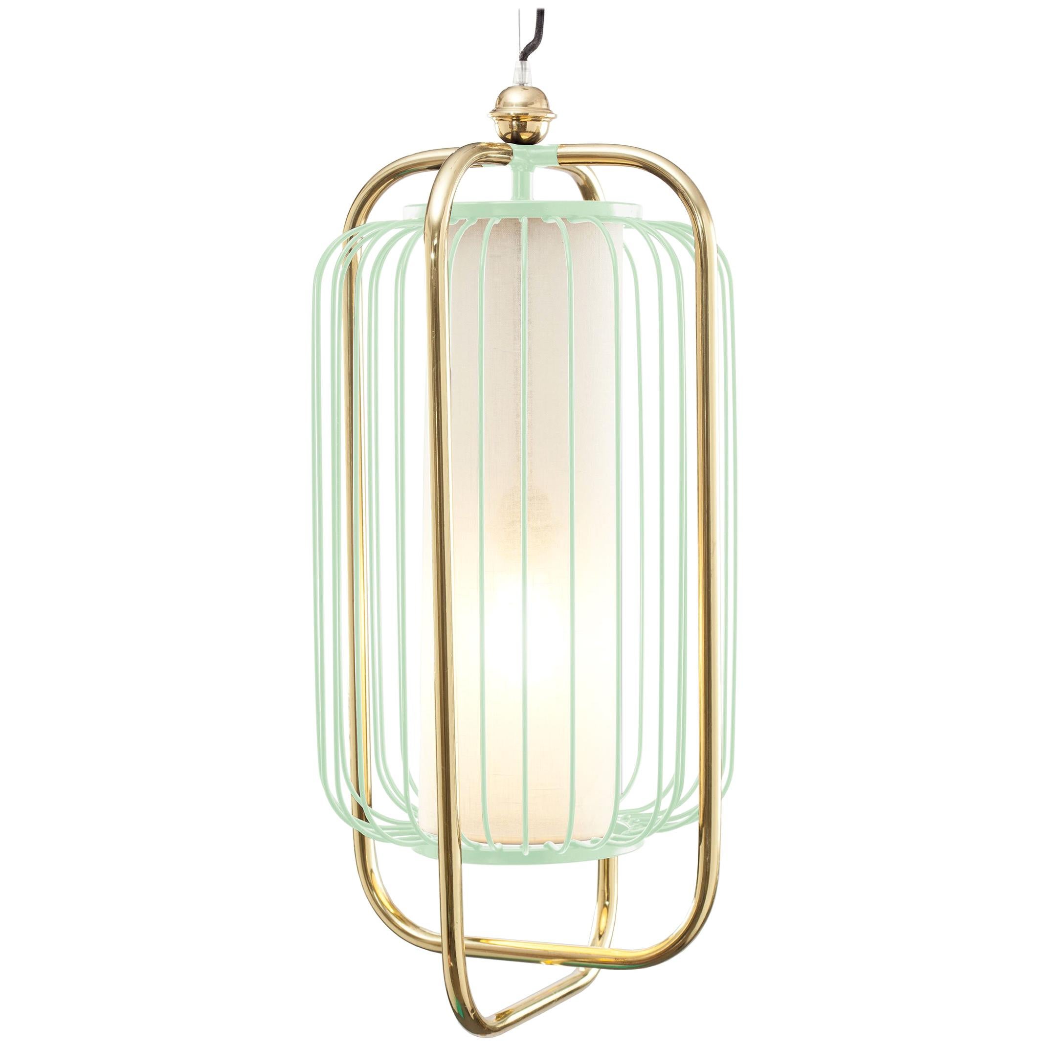 Contemporary Art Deco inspired Jules II Pendant Lamp Dream Green, Linen, Brass For Sale