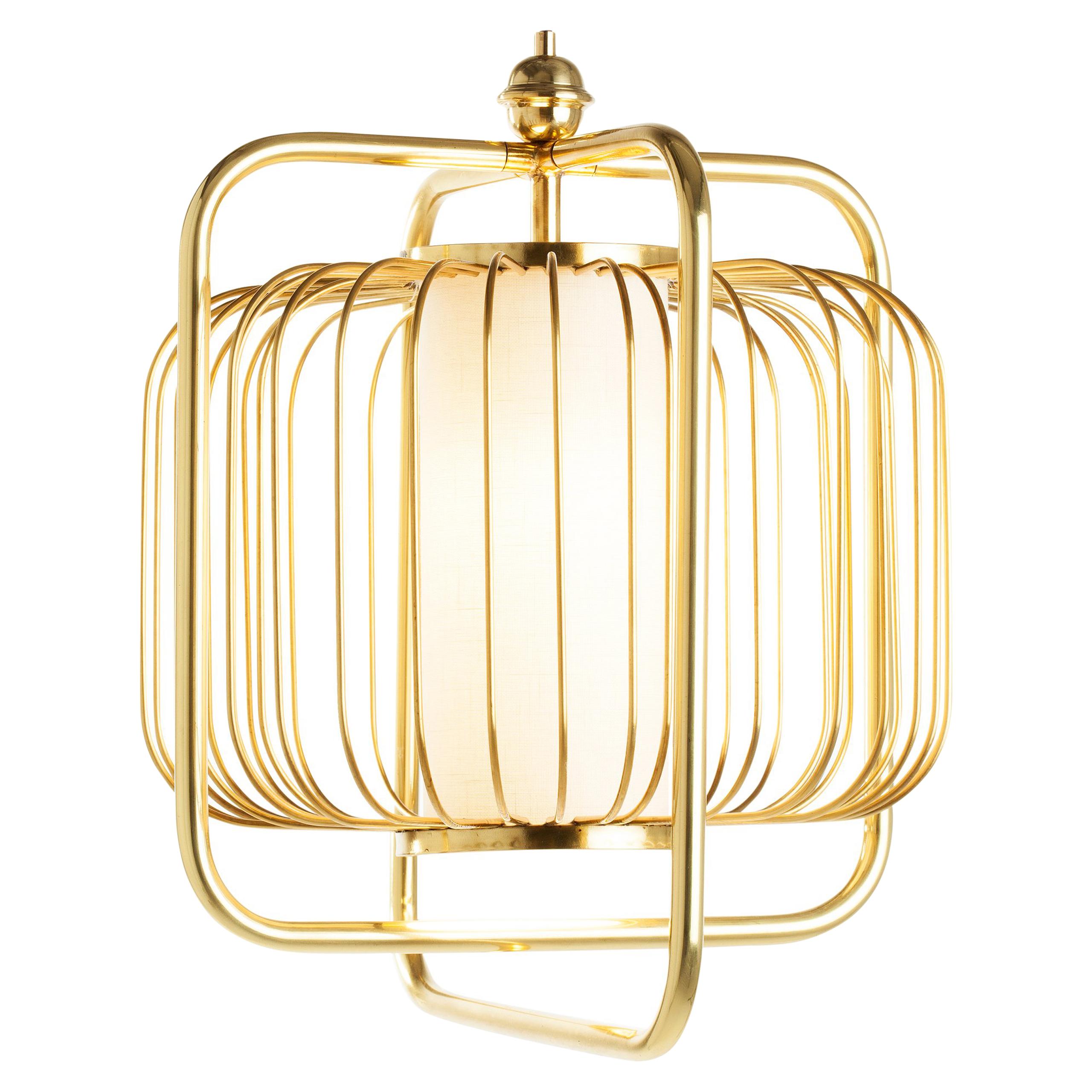 Contemporary Art Deco inspired Jules III Pendant Lamp in Brass and Linen For Sale