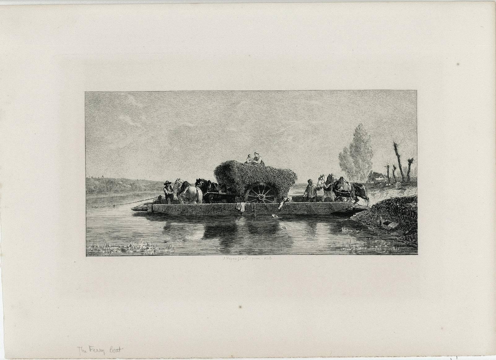 A Horse Ferry on the Seine. - Print by Jules J. Veyrassat