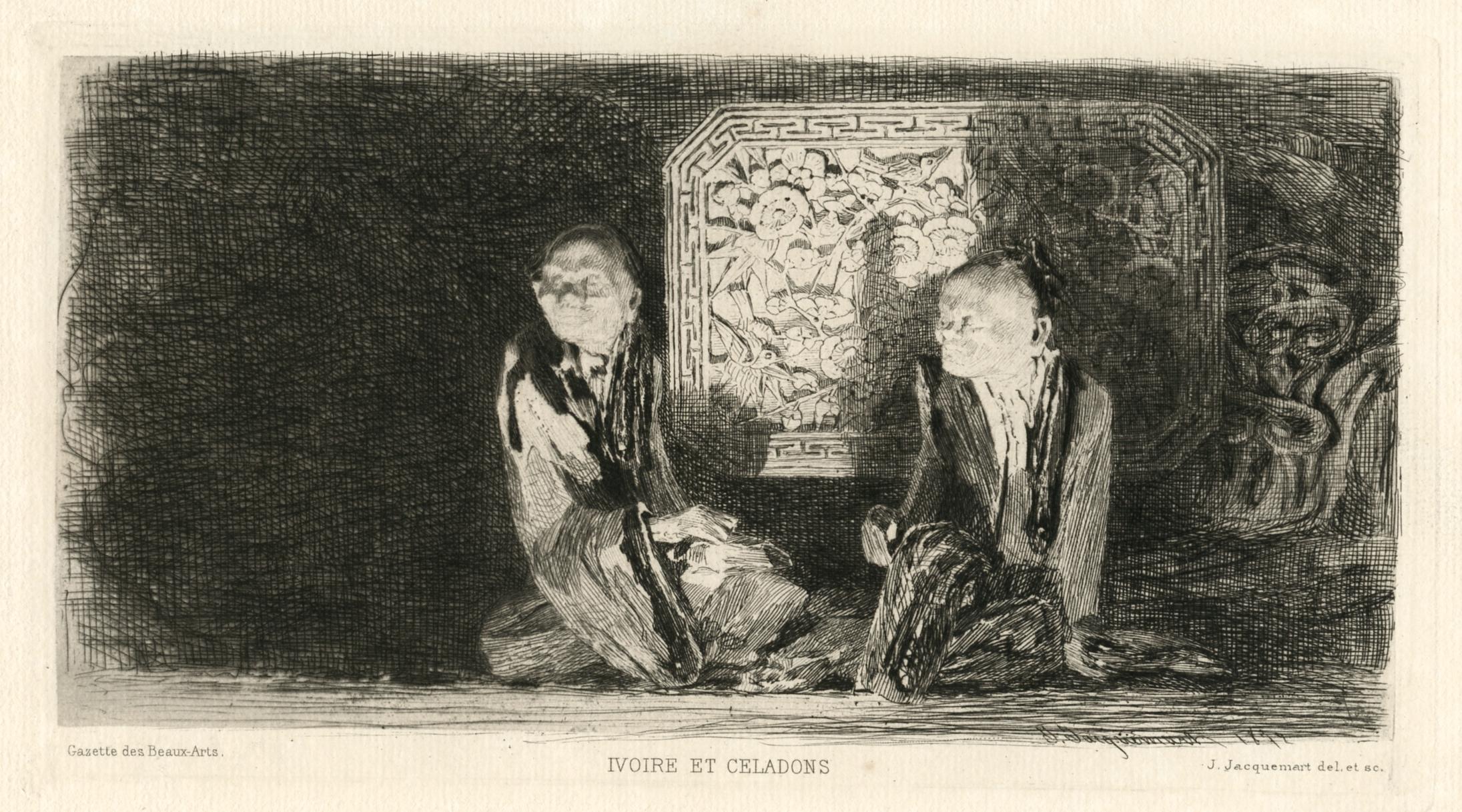 "Ivoire et Celadons" original etching - Print by Jules Jacquemart