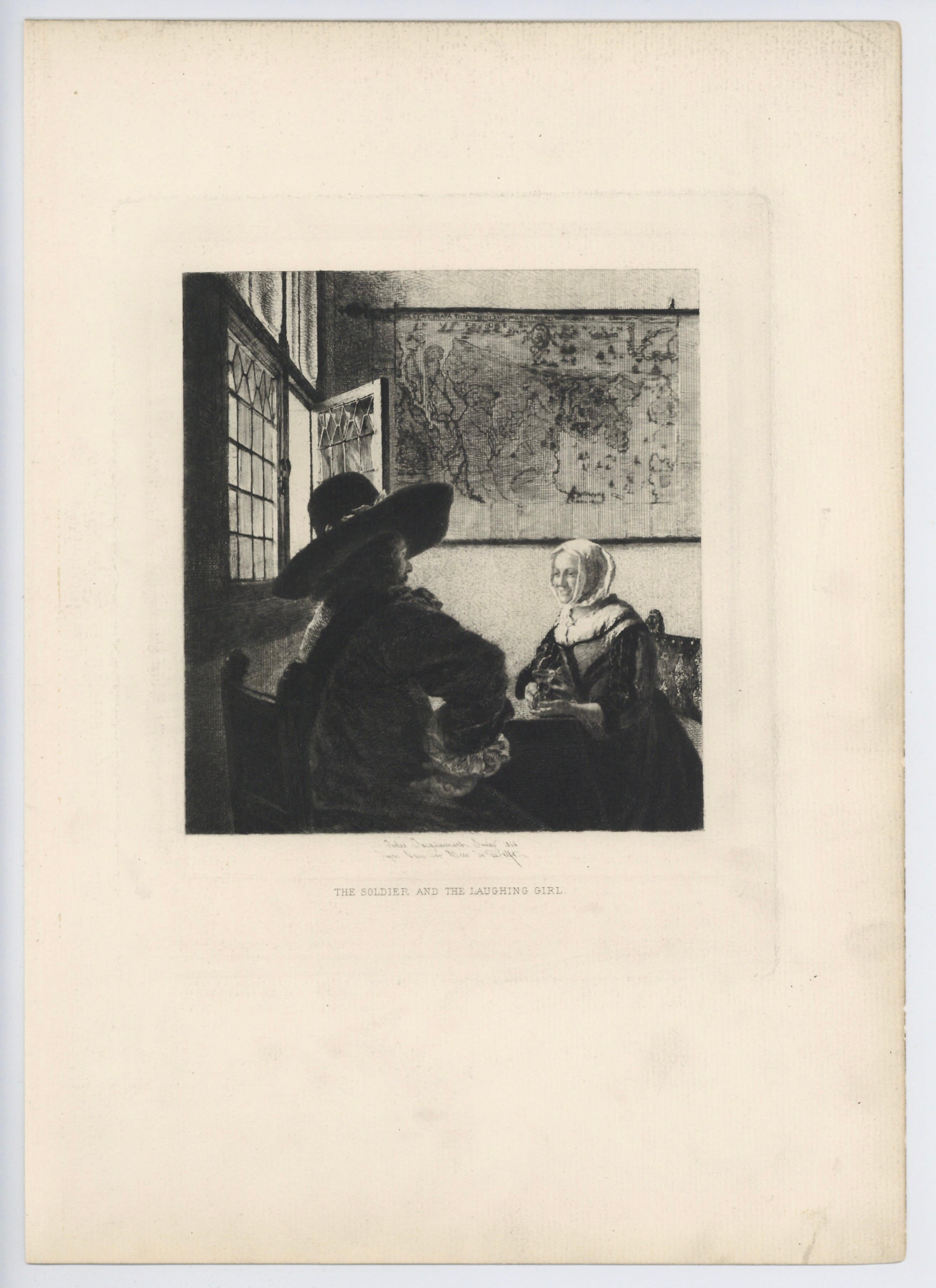 Medium: etching (etched by Jules Jacquemart after Vermeer). This impression on wove paper was printed in 1885 for the Sylvester R. Koehler portfolio of etchings and published by Cassell & Company. Image size: 6 1/2 x 6 inches (166 x 153 mm). Signed