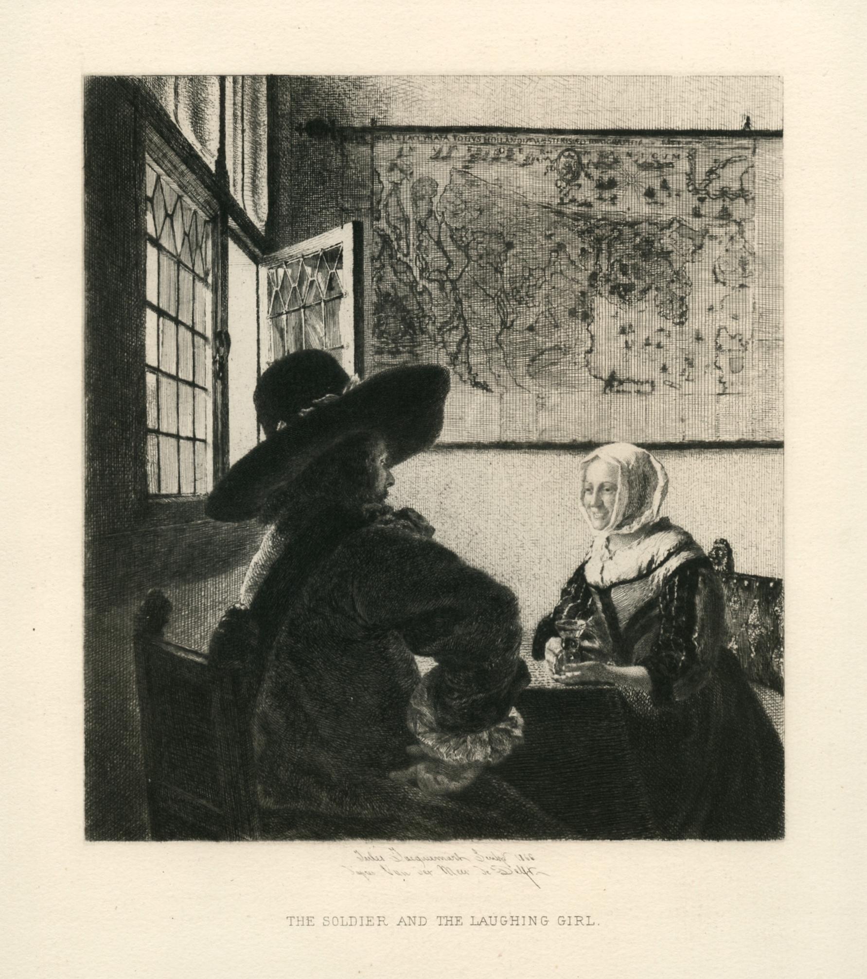"The Soldier and the Laughing Girl" etching - Print by Jules Jacquemart