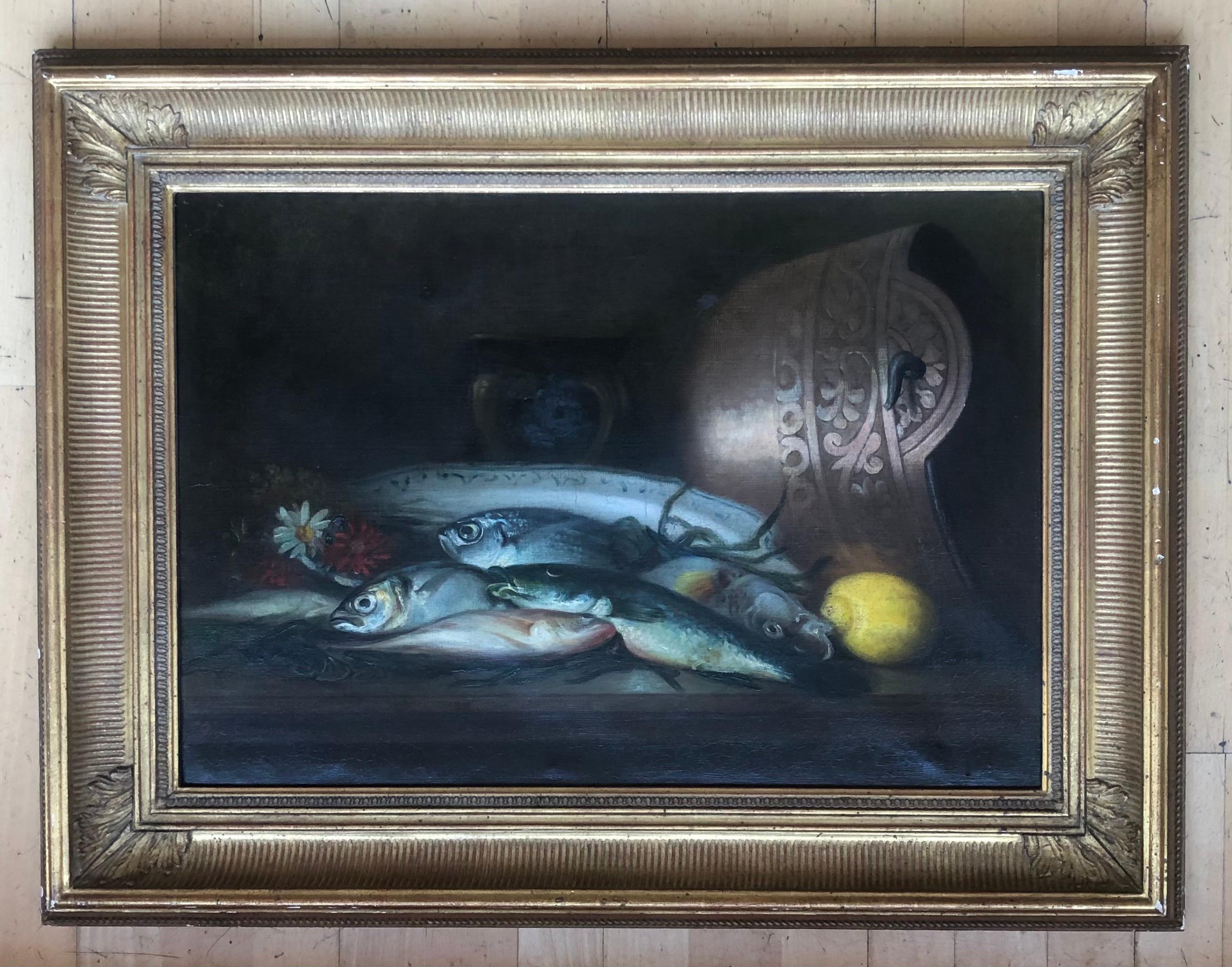 Fish, lemon and copper - Painting by Jules Jacques Olivier De Cocquerel