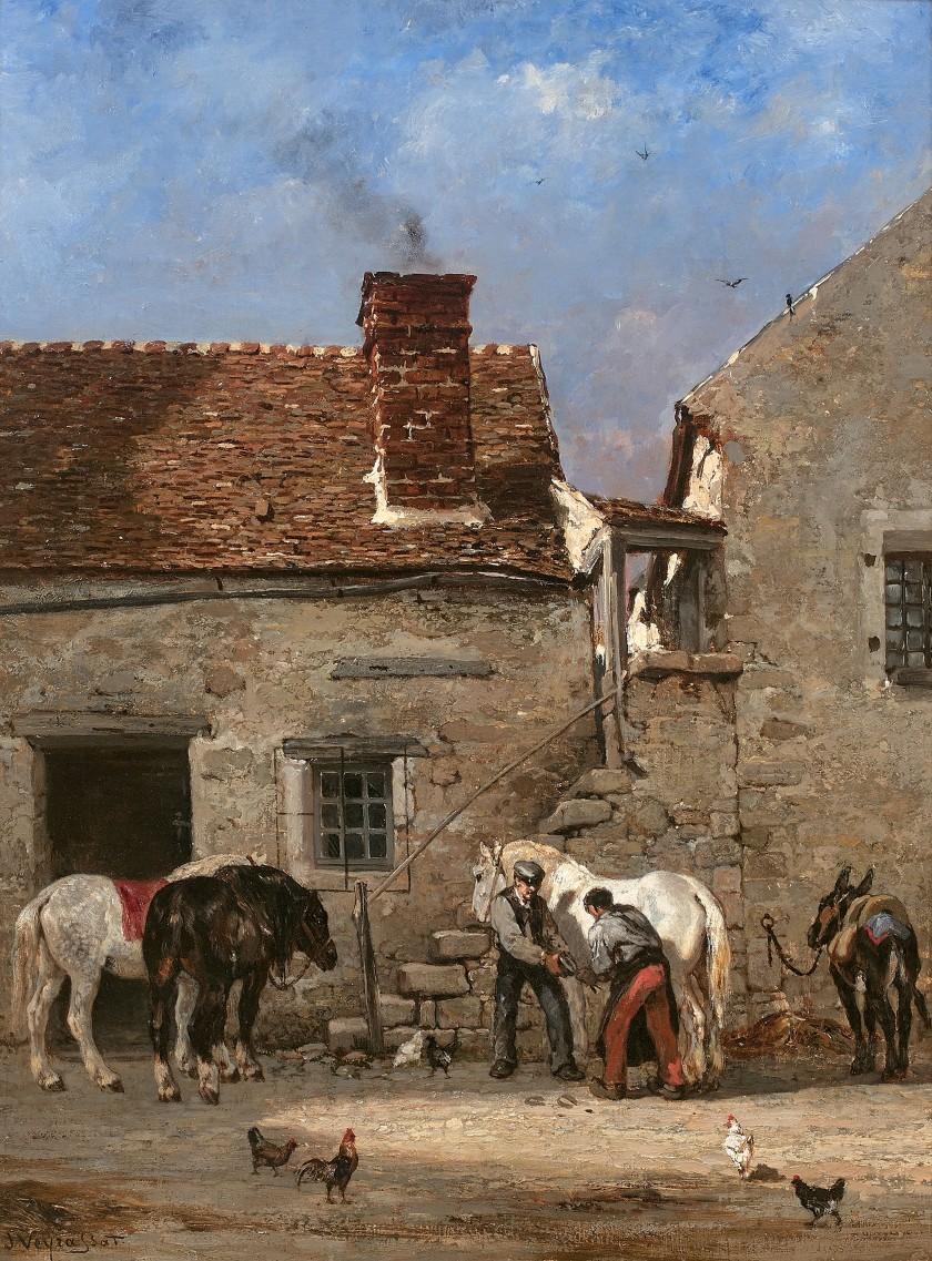 Marechal ferrant dans une ferme // Farrier auf einem Bauernhof  (Gemälde 60x45 cm) – Painting von Jules Jacques Veyrassat