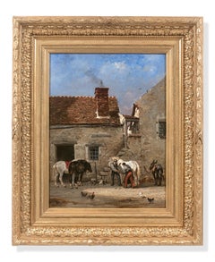 Antique Marechal ferrant dans une ferme // Farrier in a farmyard  ( painting 60x45 cm)