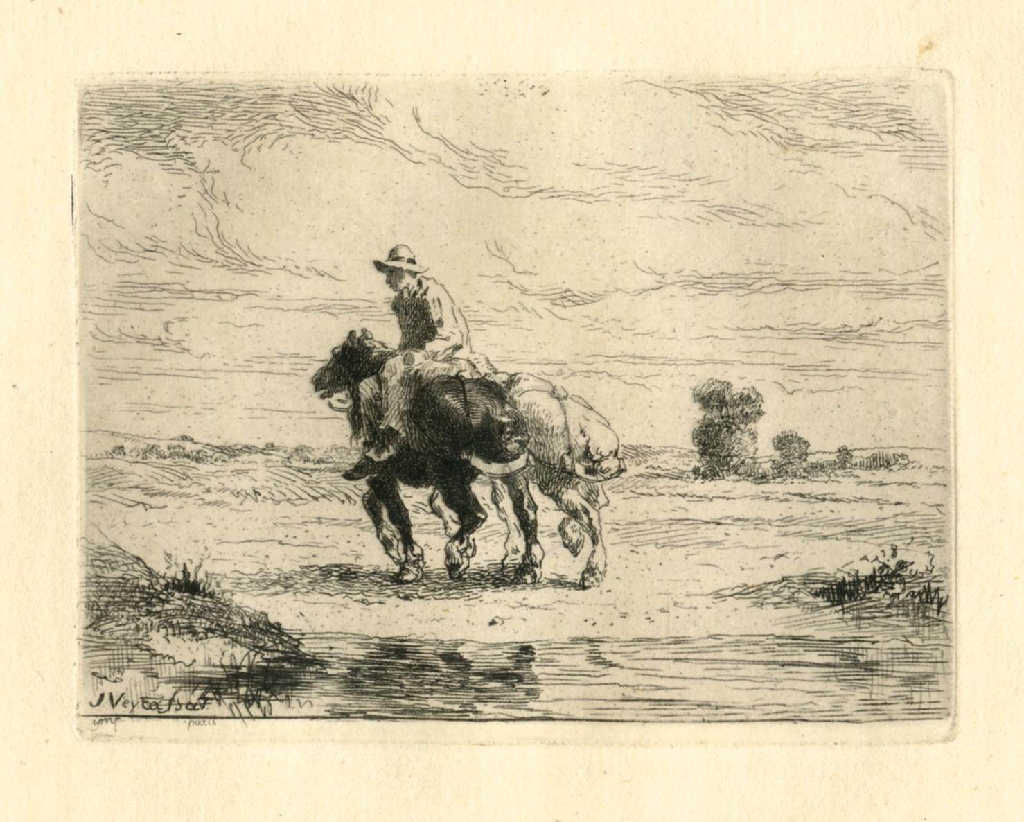 Jules Jacques Veyrassat Landscape Print - "Boat Horses" original etching