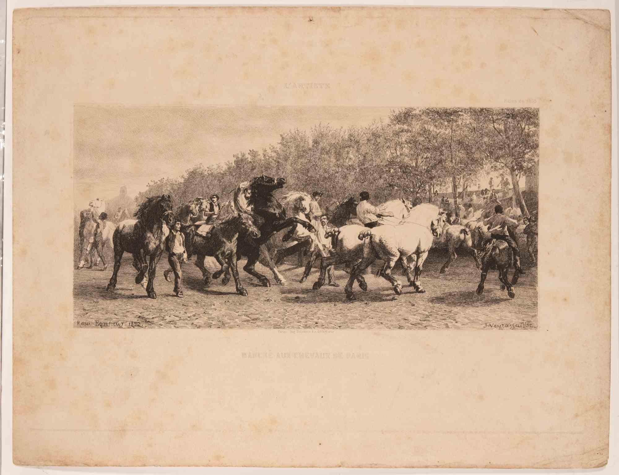 Les Marché aux Chevaux de Paris... - Etching by Jules Jacques Veyrassat - 1853 For Sale 1