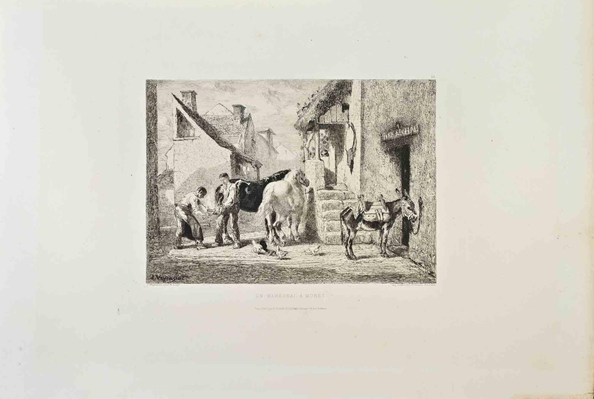 Un Marèchal à Moret is a black and white etching realized by Jules Jacques Veyrassat (1828-1893) in 1870s.

Titled in the lower.

Image size: 27cmx19cm.

Good condition.

Signed on the lower left.

Realized by Cadart for the "Société des