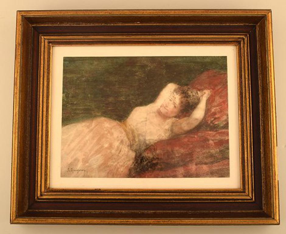Jules James Rougeron (1841-1880). French artist. Figure and genre painter. Pastel on paper. Reclining lady, circa 1870.
In style of F. Goya 'Maya'.
In very good condition.
Signed.
Visible dimensions: 27 x 20 cm.
Total dimensions: 31 x 23.5
