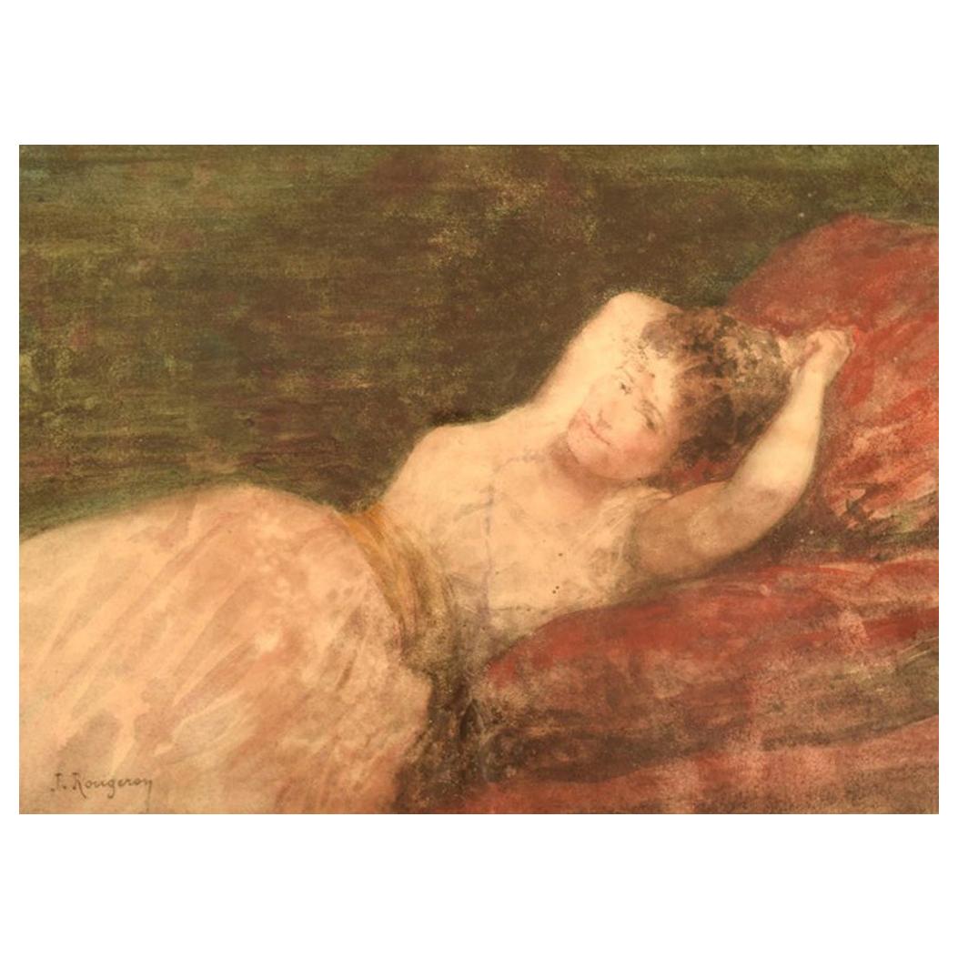 Pastel sur papier, dame couchée, Jules James Rougeron, datant d'environ 1870