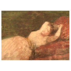 Pastel sur papier, dame couchée, Jules James Rougeron, datant d'environ 1870