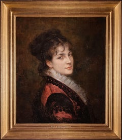 Portrait of a Young Beauty in red, French painter, signed oil on canvas