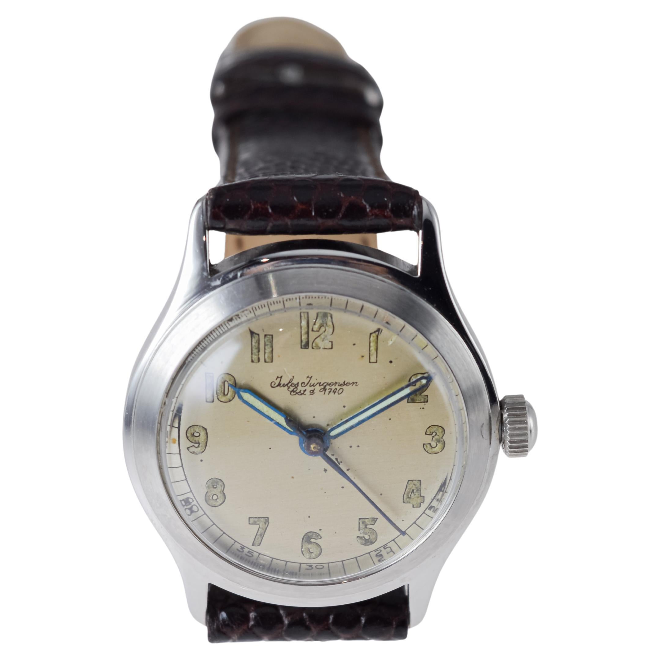 Jules Jergensen Steel Art Deco Round Watch with Original Dial circa 1940's For Sale 6