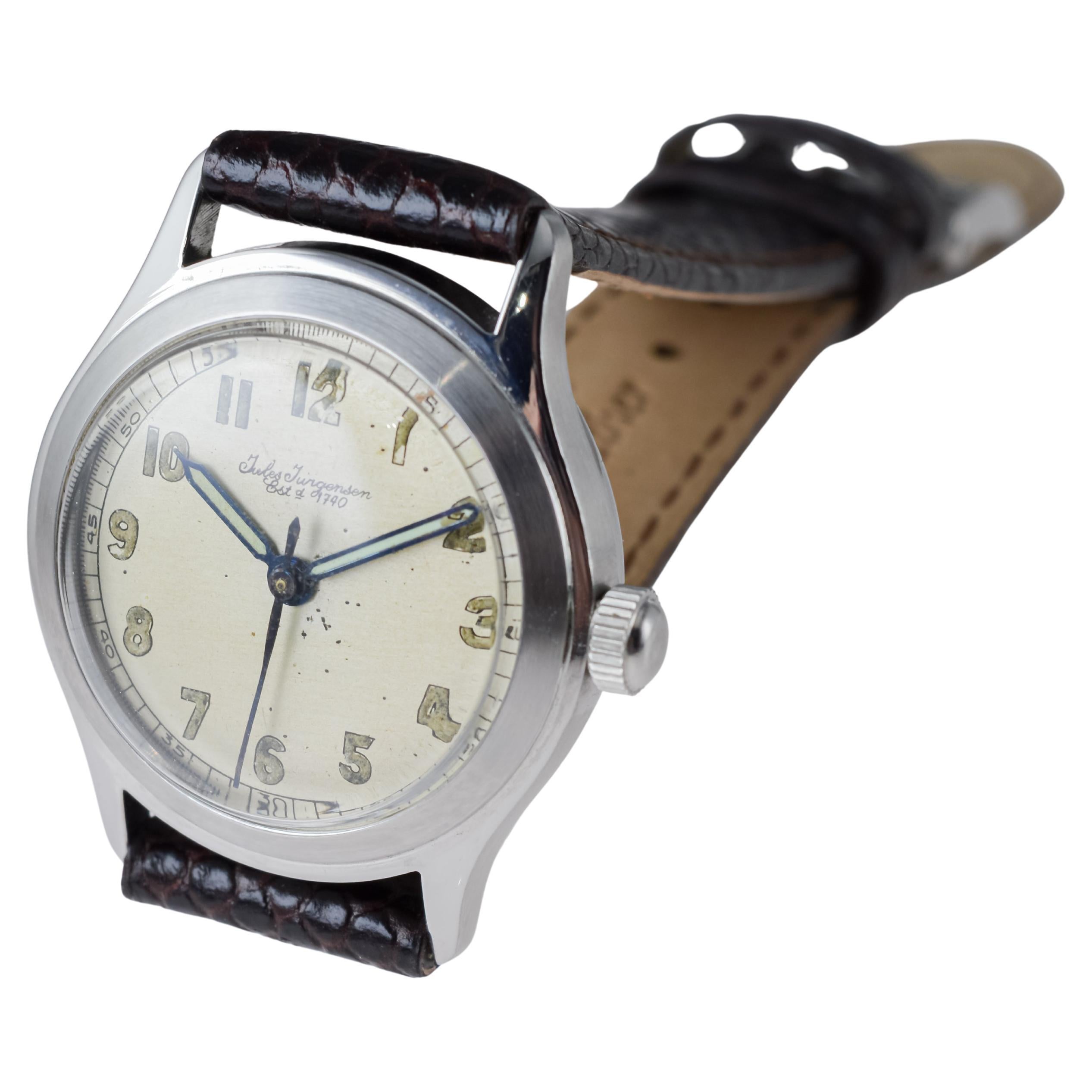 Jules Jergensen Steel Art Deco Round Watch with Original Dial circa 1940's For Sale 7