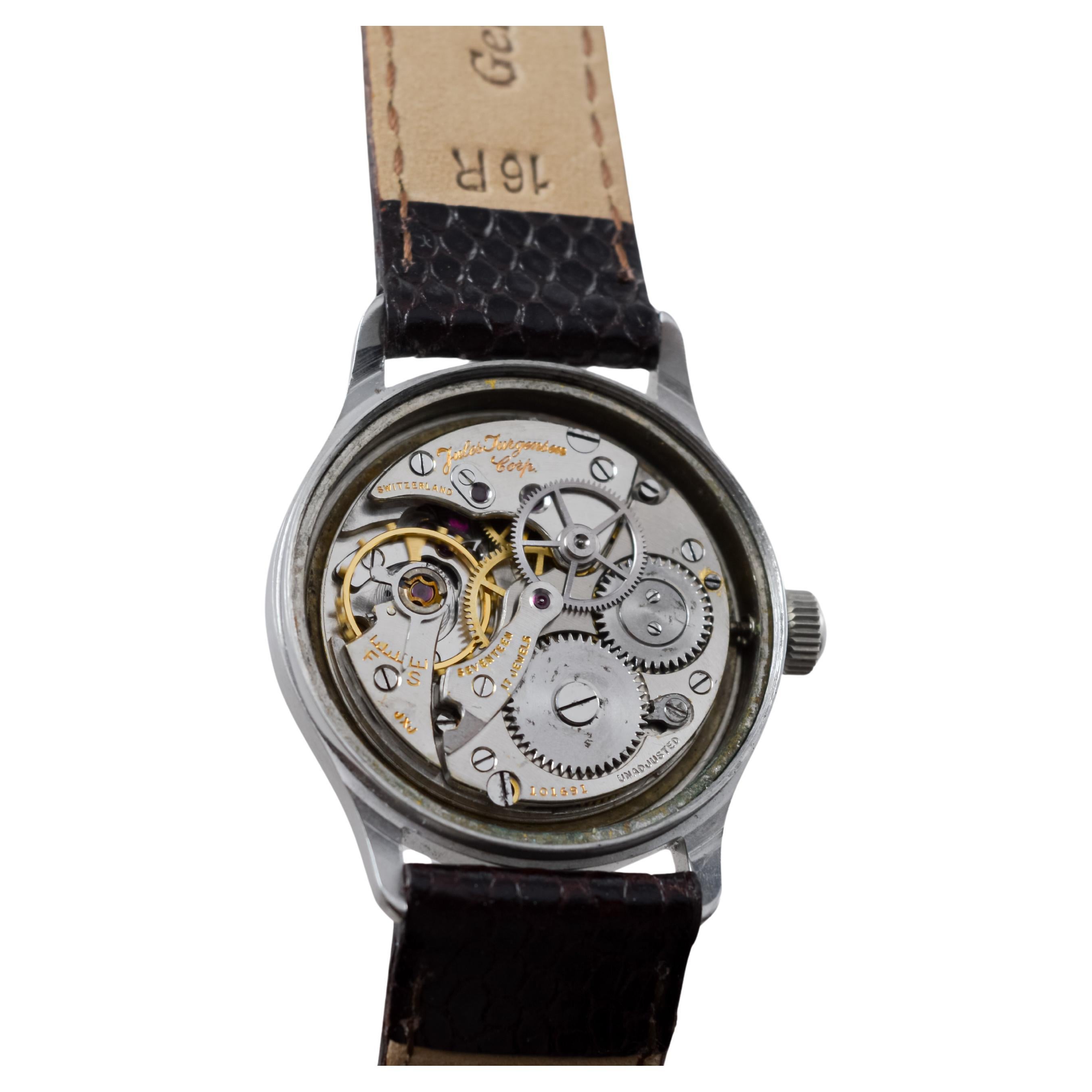 Jules Jergensen Steel Art Deco Round Watch with Original Dial circa 1940's For Sale 11