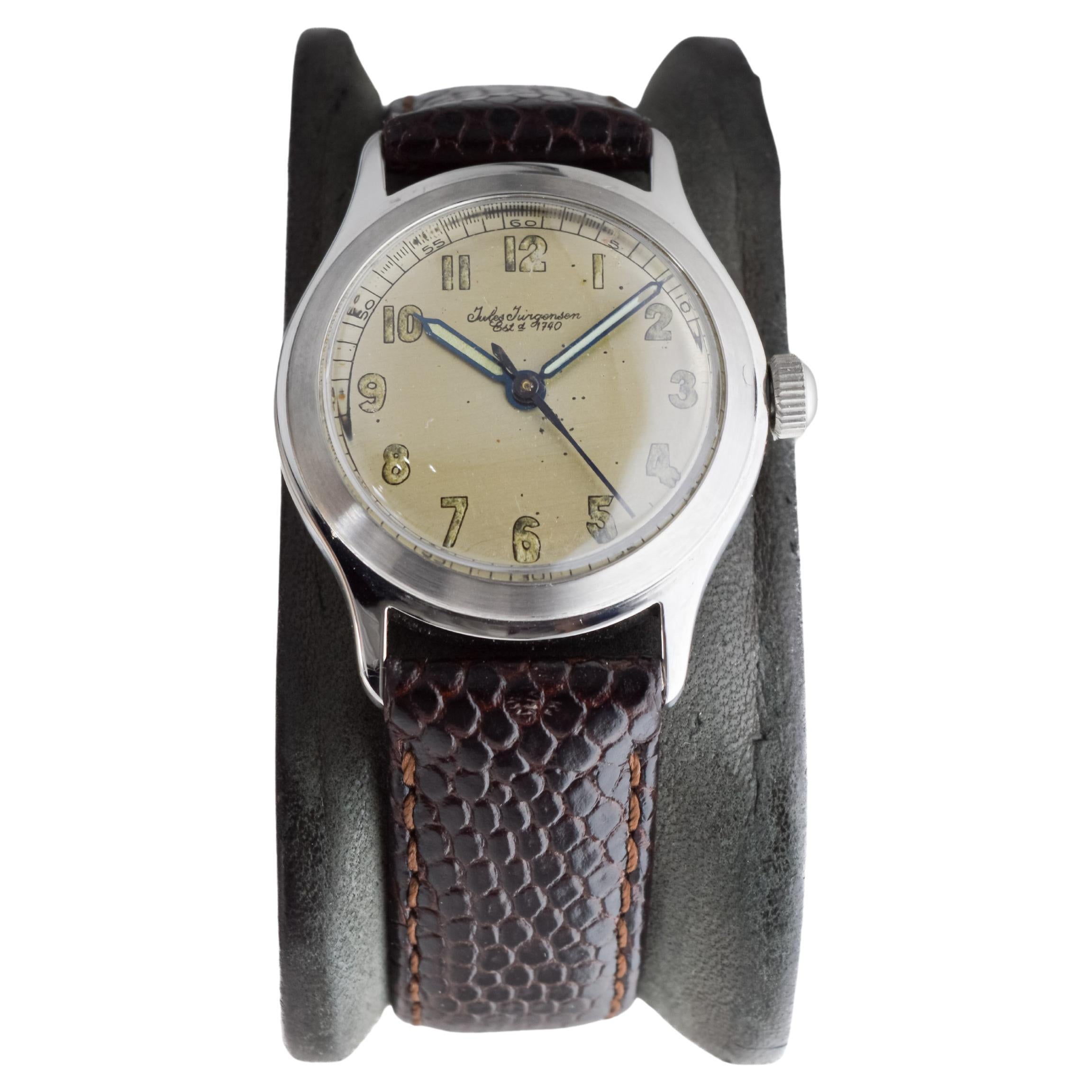 Women's or Men's Jules Jergensen Steel Art Deco Round Watch with Original Dial circa 1940's For Sale