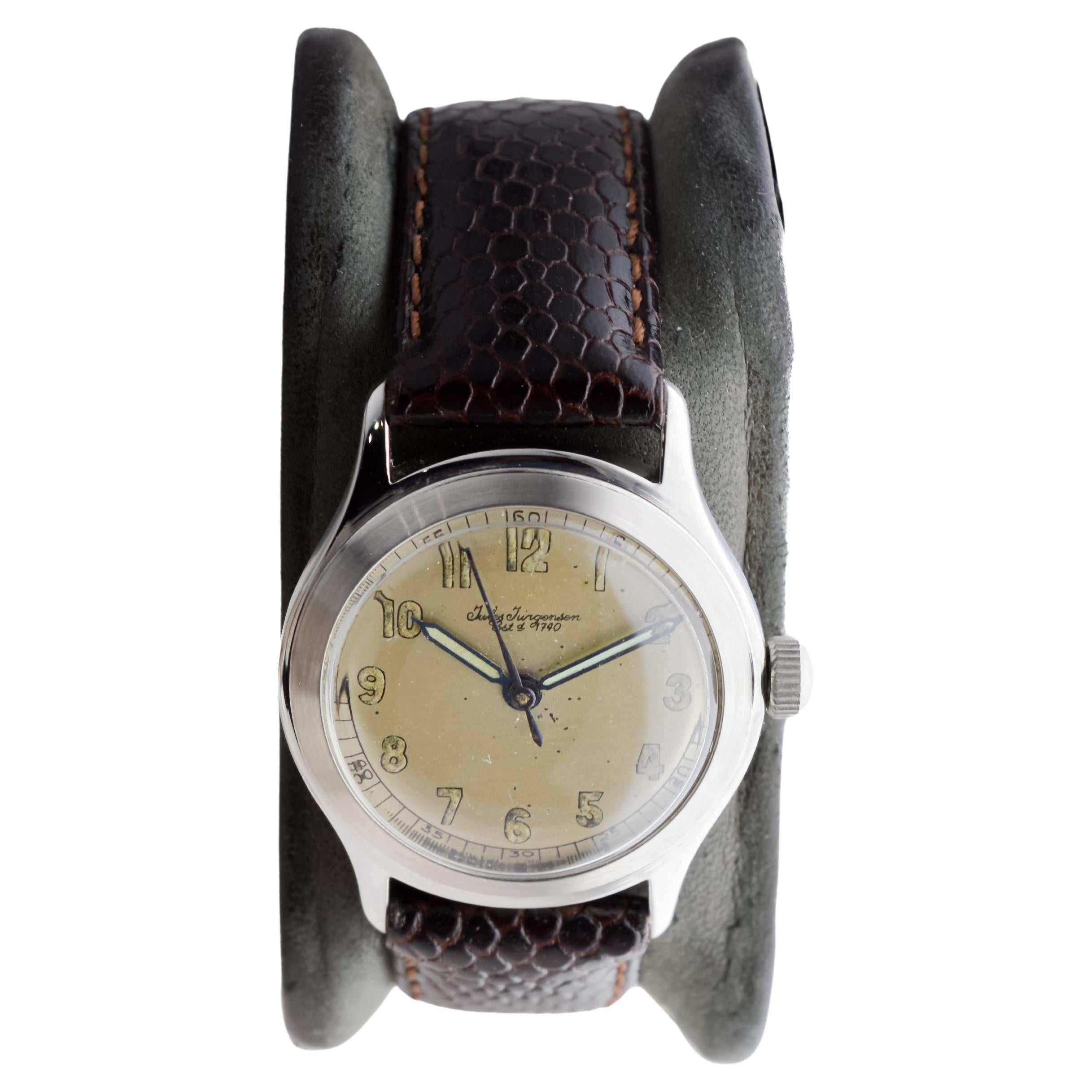 Jules Jergensen Steel Art Deco Round Watch with Original Dial circa 1940's For Sale 1