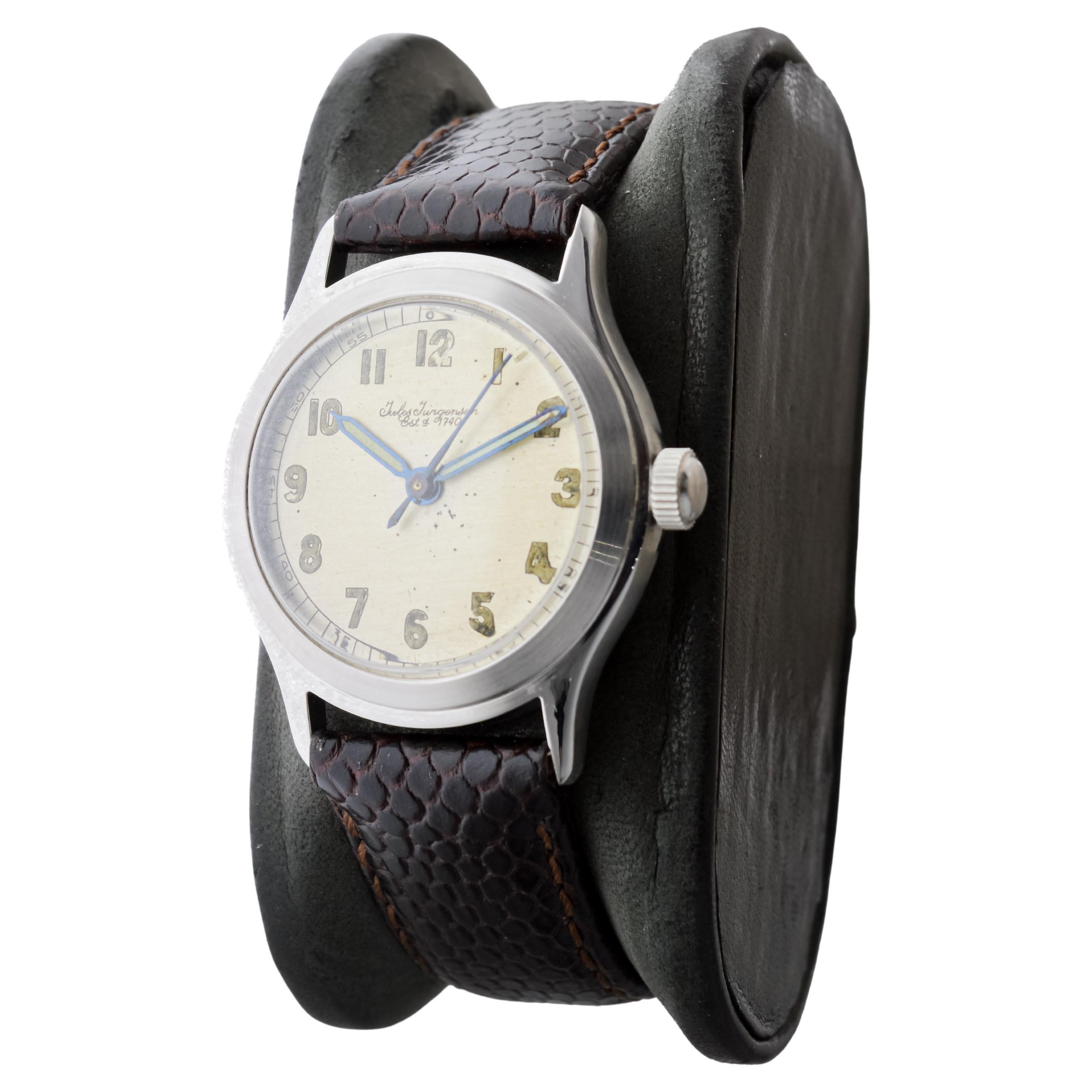 Jules Jergensen Steel Art Deco Round Watch with Original Dial circa 1940's For Sale 2