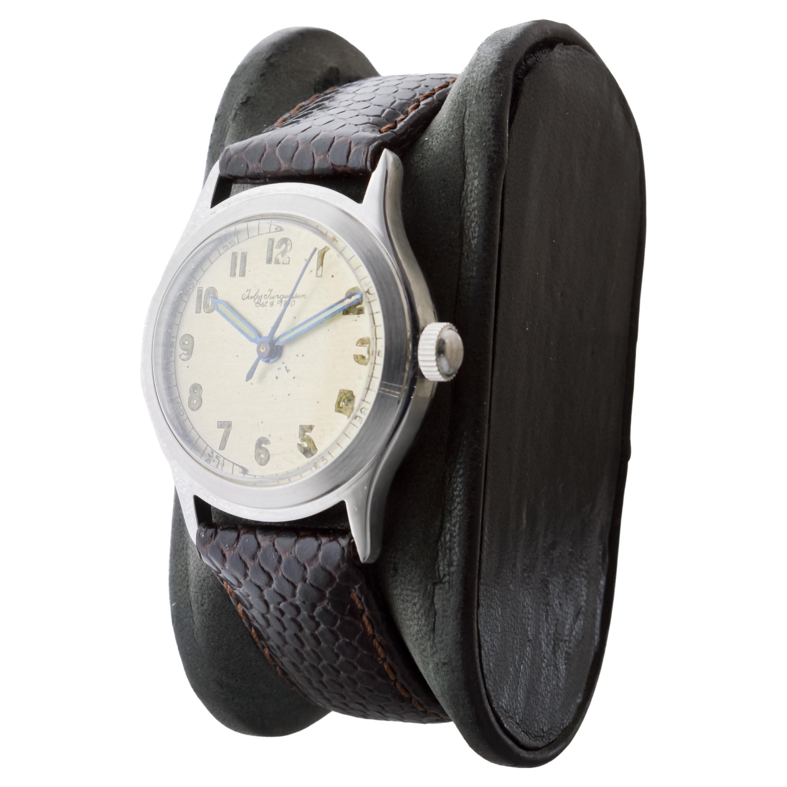 Jules Jergensen Steel Art Deco Round Watch with Original Dial circa 1940's For Sale 3