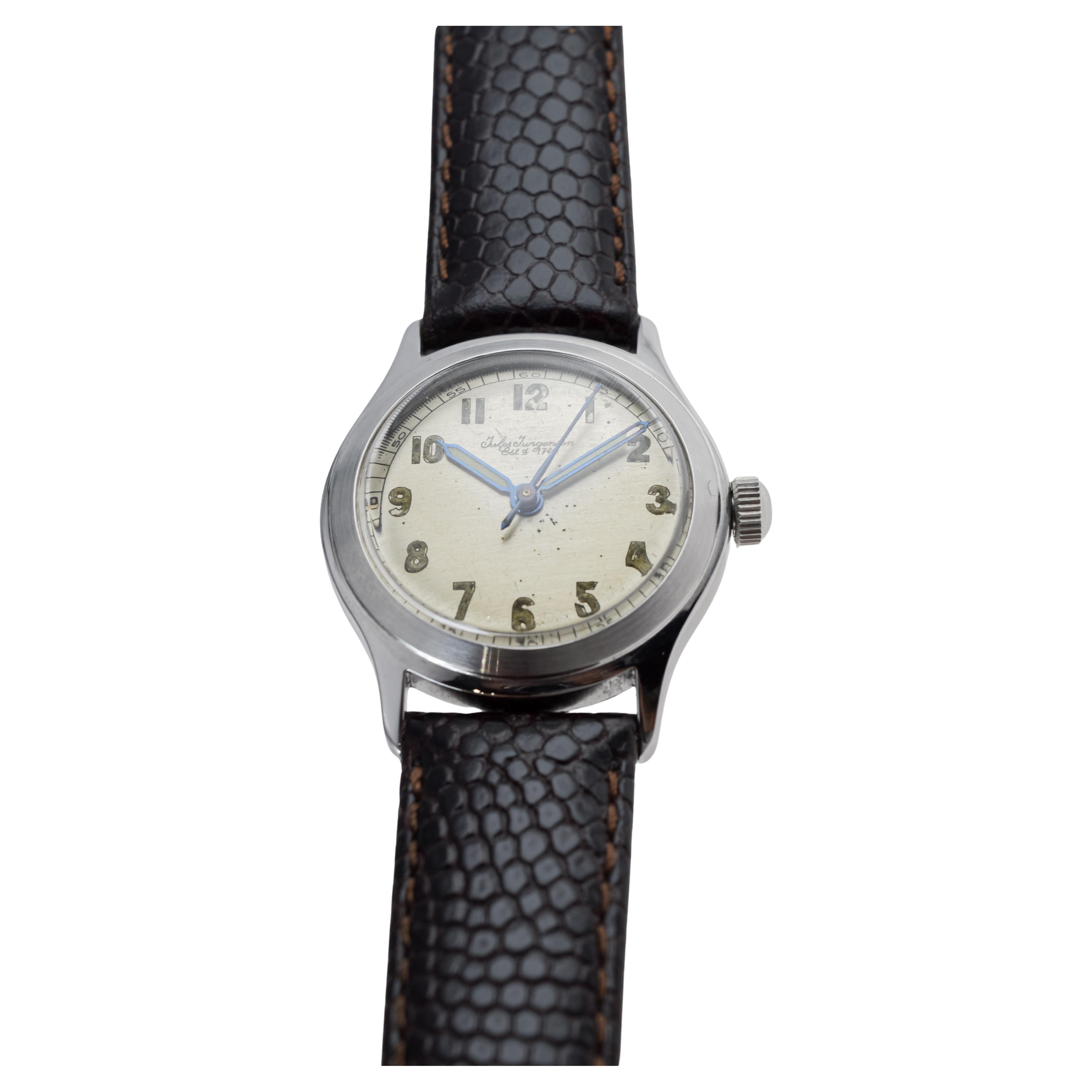 Jules Jergensen Steel Art Deco Round Watch with Original Dial circa 1940's For Sale 4