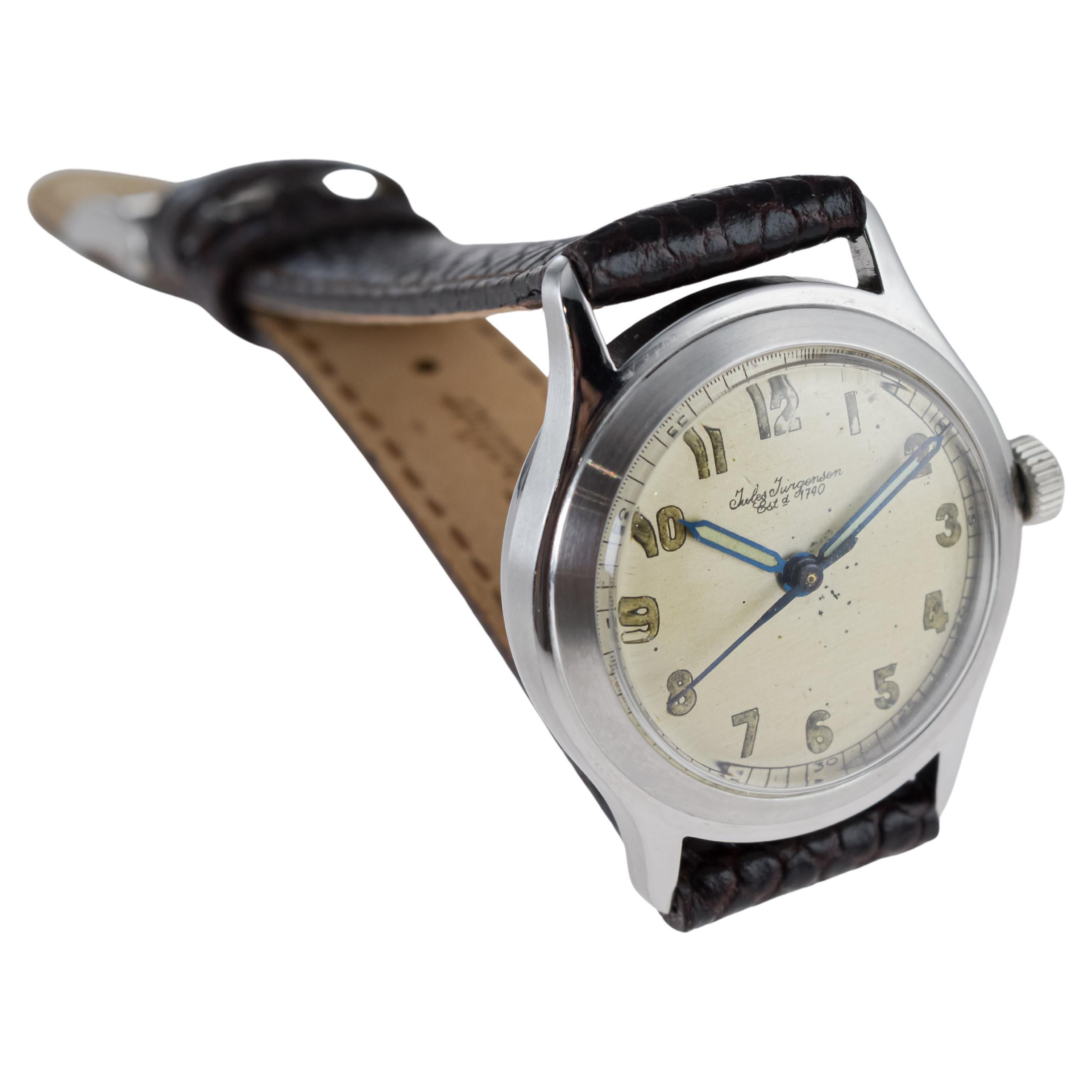 Jules Jergensen Steel Art Deco Round Watch with Original Dial circa 1940's For Sale 5