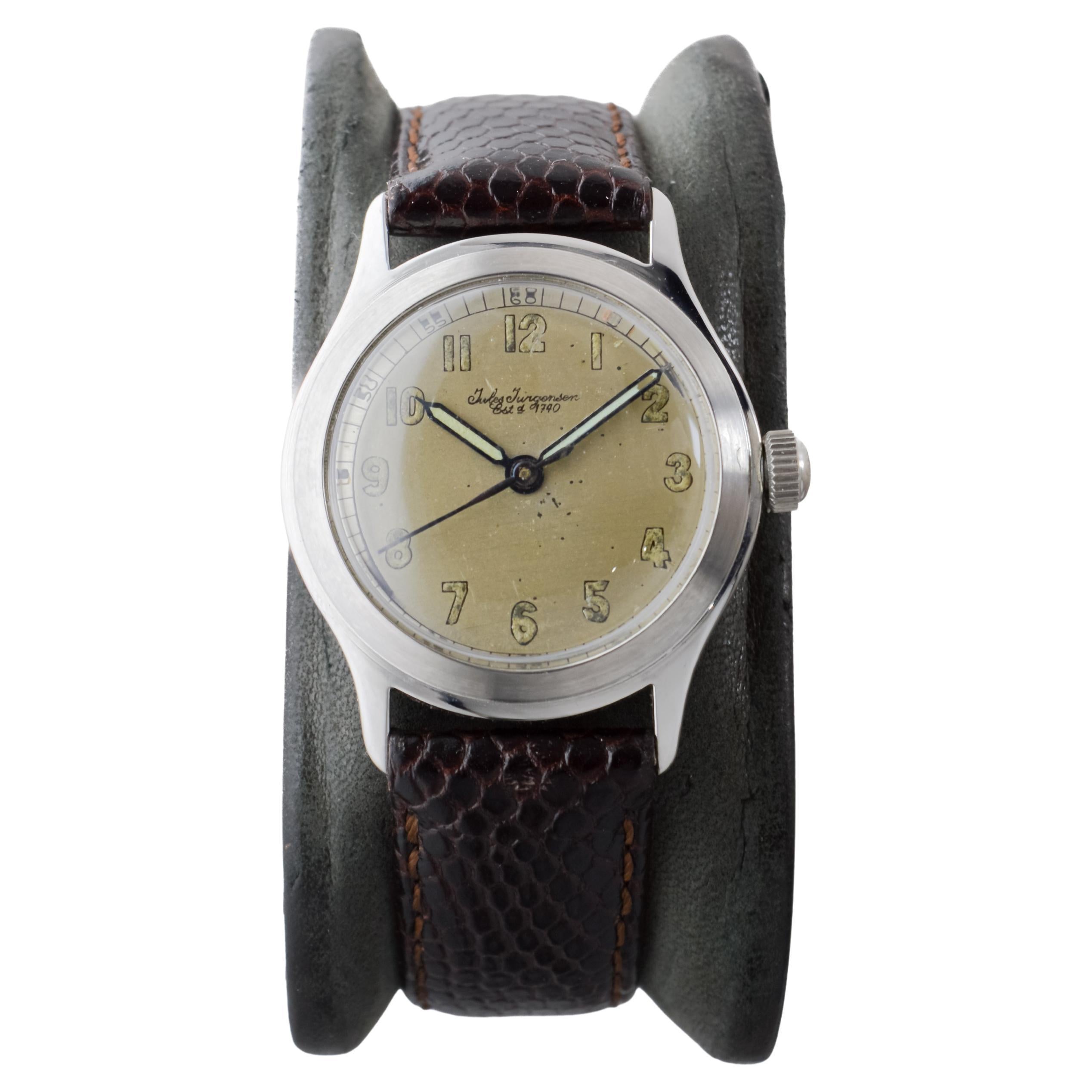 Jules Jergensen Steel Art Deco Round Watch with Original Dial circa 1940's