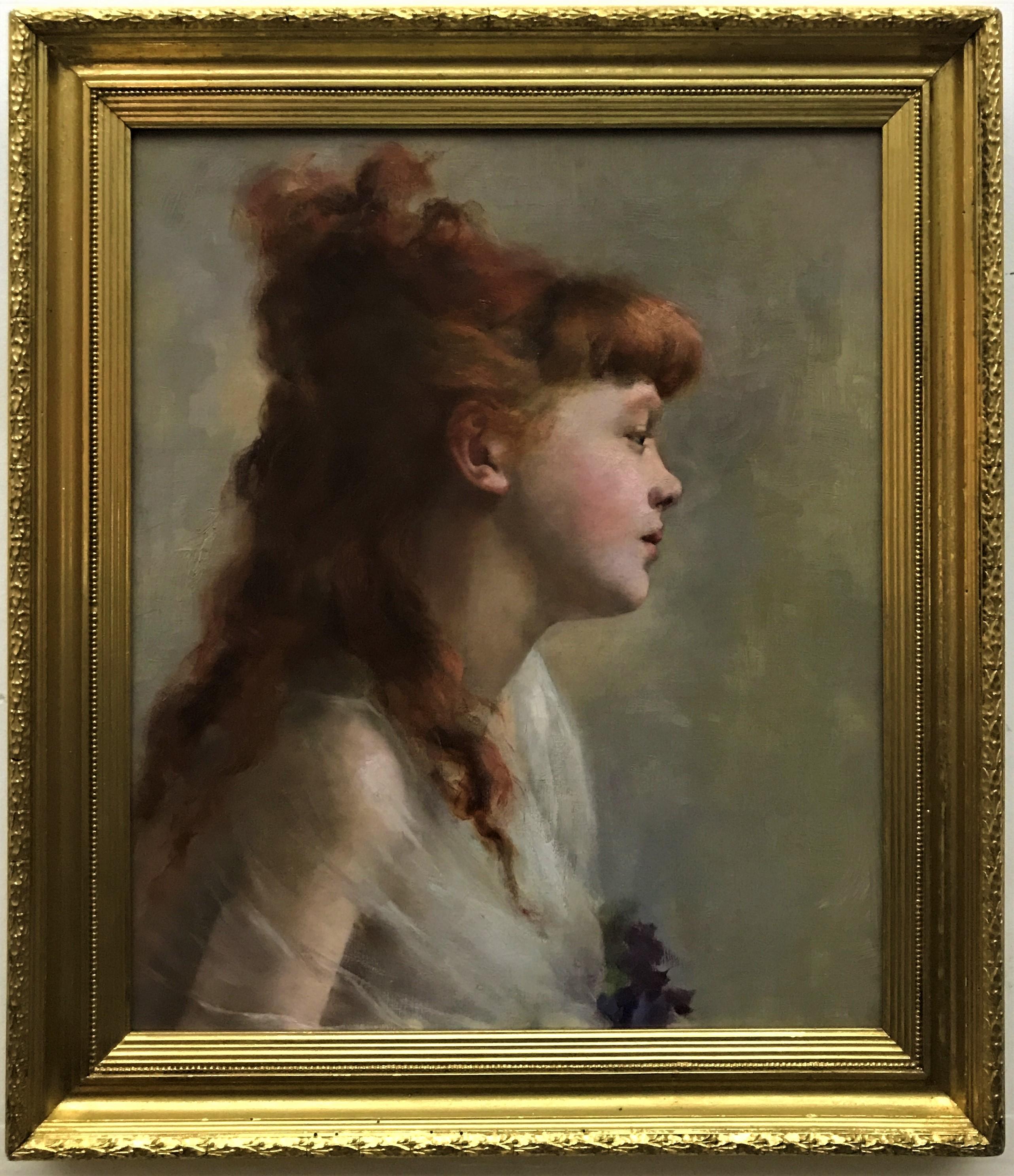 Retrato de niña pelirroja, óleo original sobre lienzo, s. XIX, naturalista - Painting de Jules Joseph Lefebvre