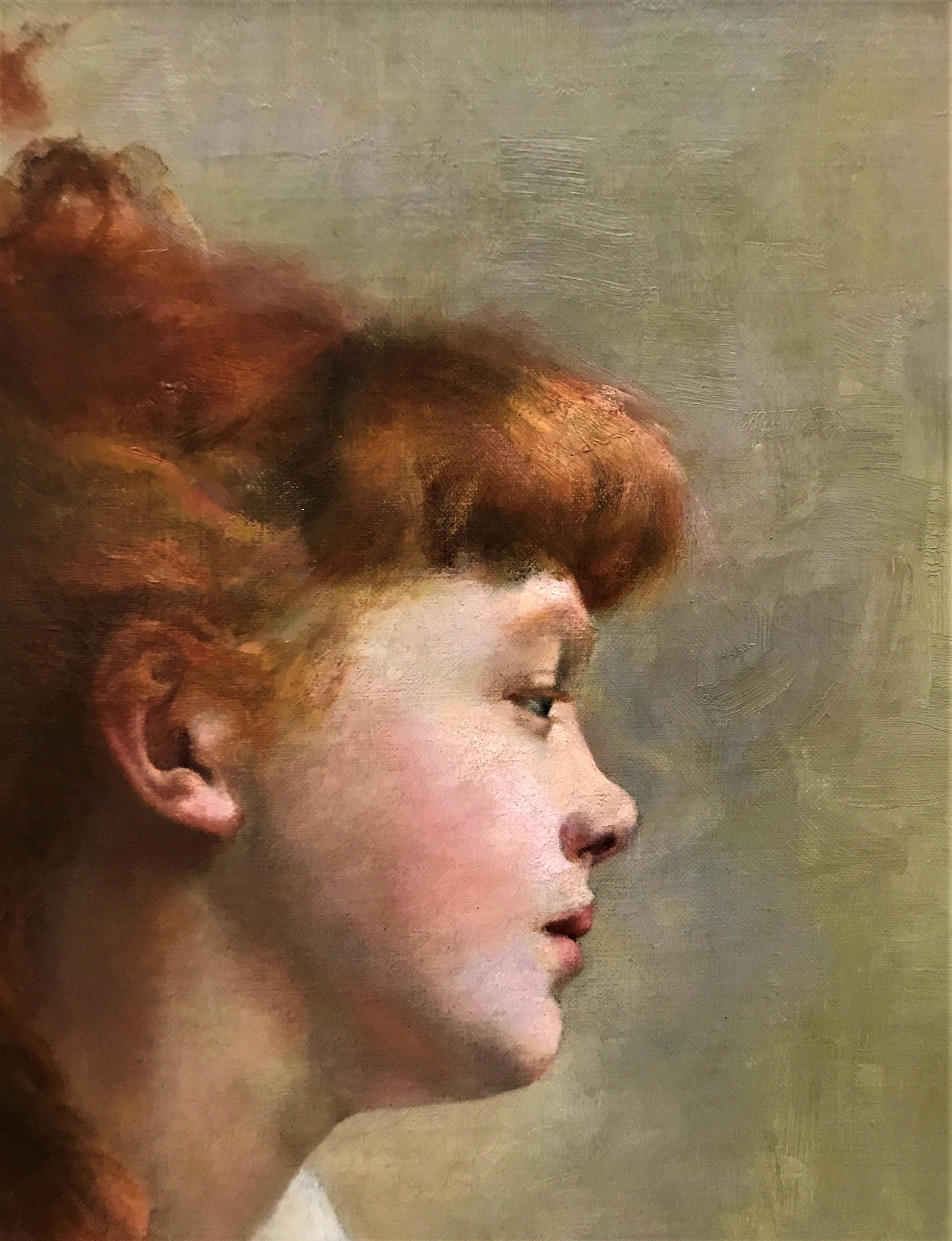 Retrato de niña pelirroja, óleo original sobre lienzo, s. XIX, naturalista - Painting Naturalista de Jules Joseph Lefebvre