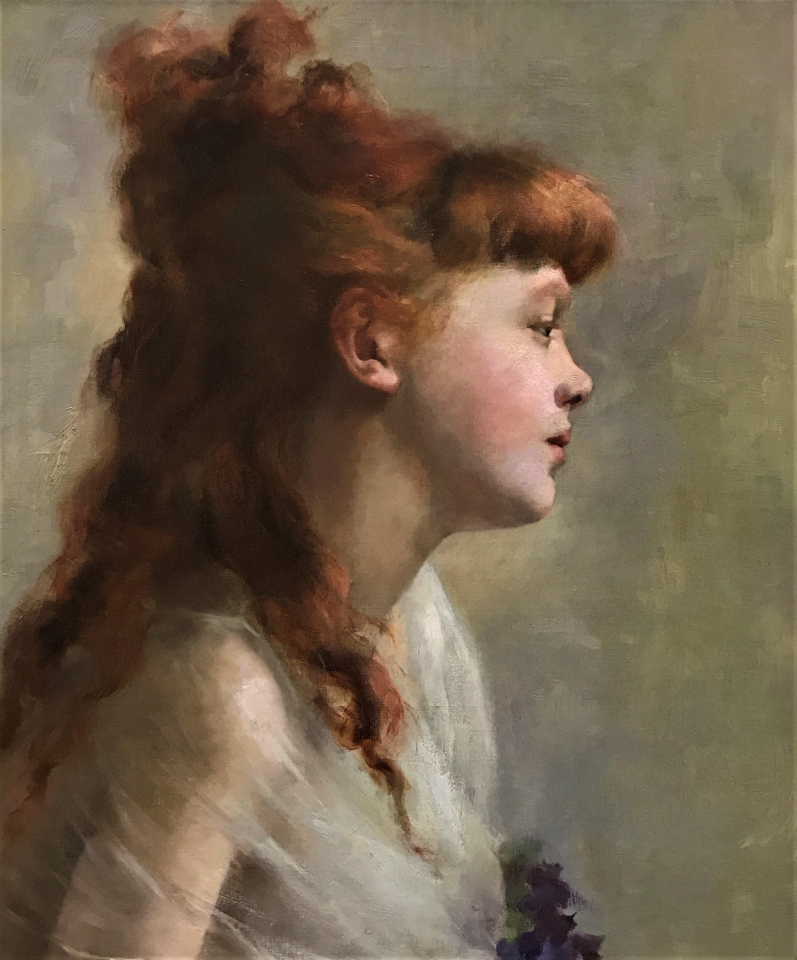 Portrait Painting de Jules Joseph Lefebvre - Retrato de niña pelirroja, óleo original sobre lienzo, s. XIX, naturalista