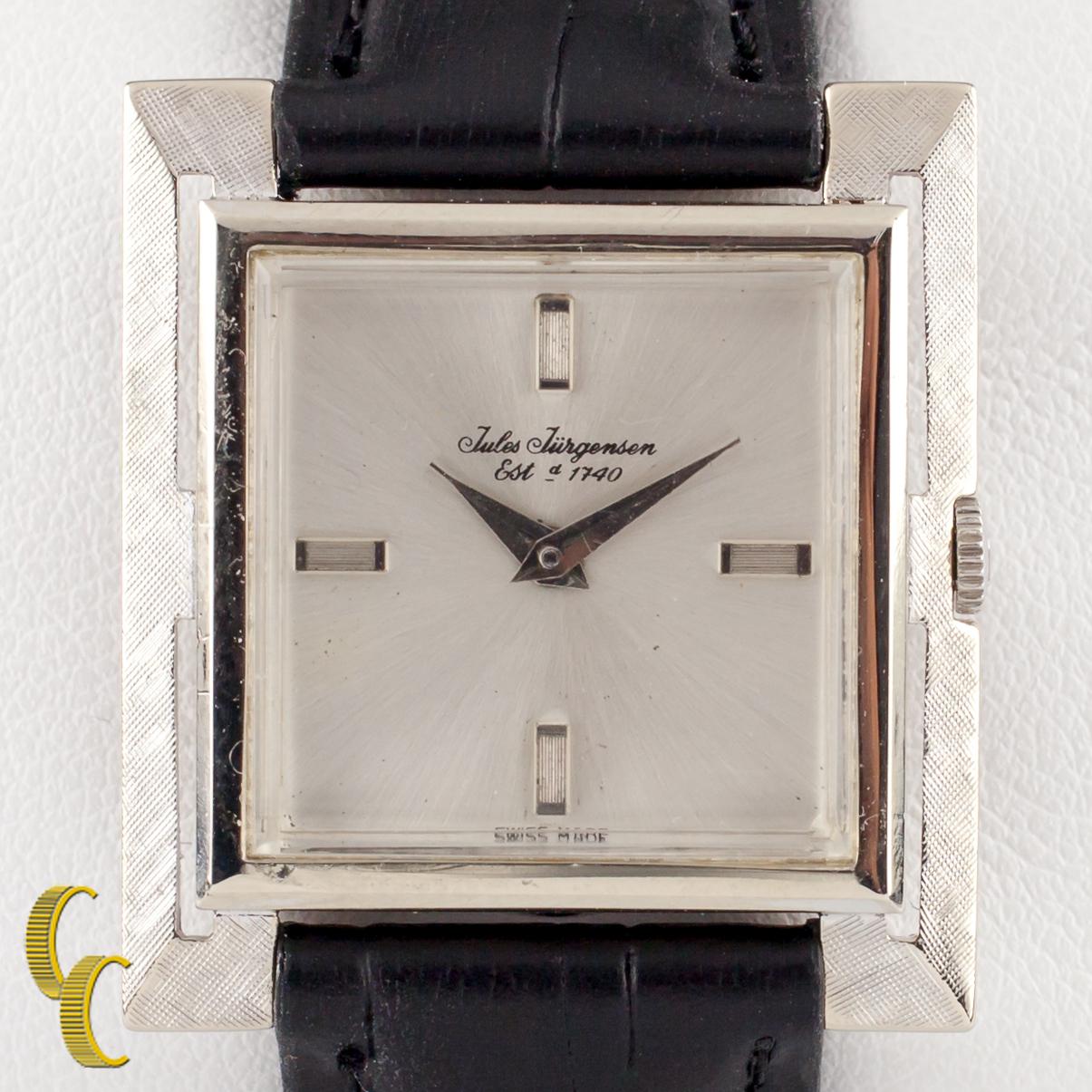 Jules Jurgensen 14k White Gold Mechanical Hand-Winding Watch w/ Leather Band
Movement #FHF34-21-302581
Case #5350001

14k White Gold Textured Square Case
27 mm Wide
22 mm Long
Lug-to-Lug Distance = 30 mm
Thickness = 6 mm

Silver Dial w/ Textured