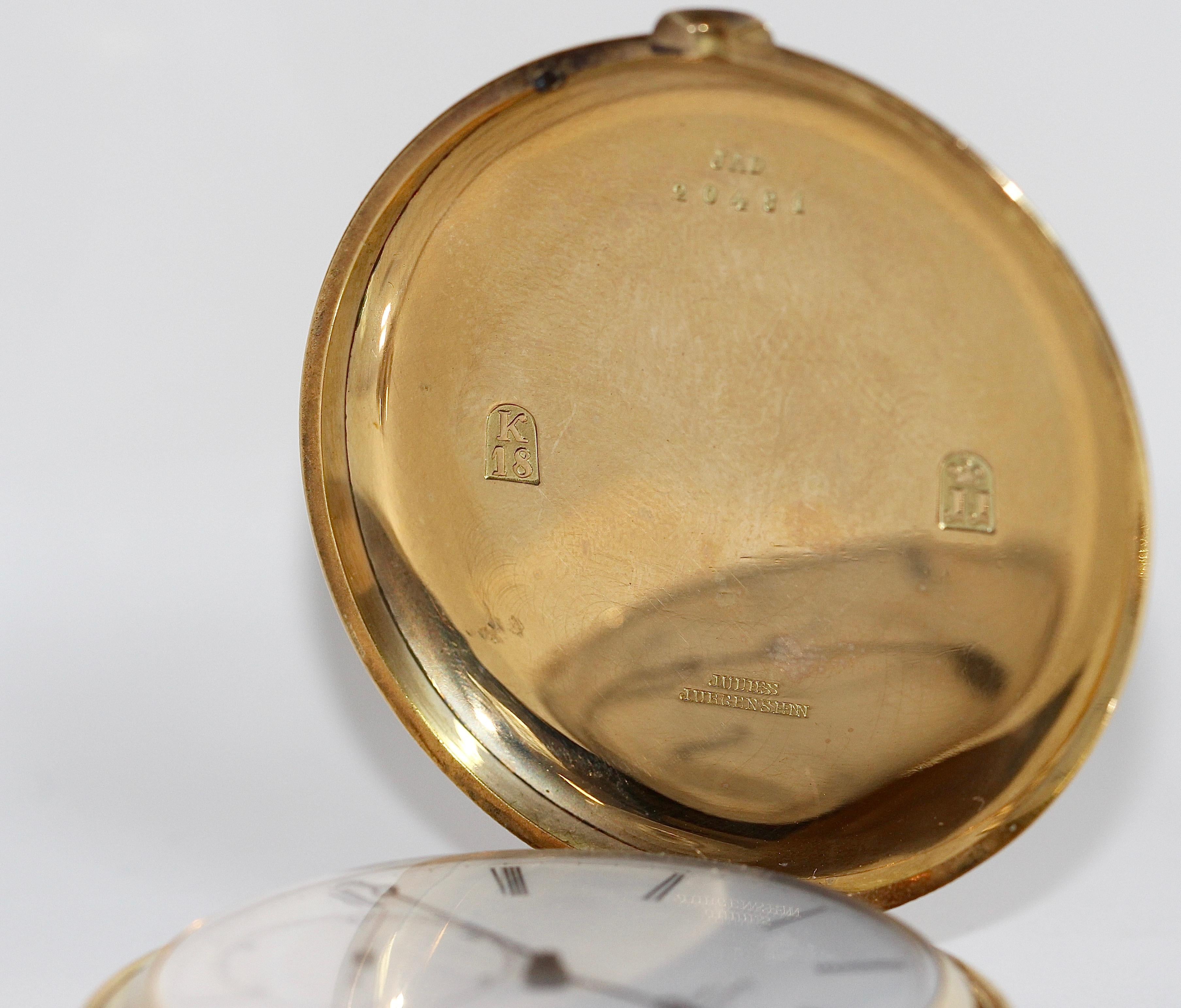 Belle montre de poche Jules Jürgensen Copenhagen en or 18k. Chasseur.

Importante et belle montre de collection.

Signes d'usure minimes.