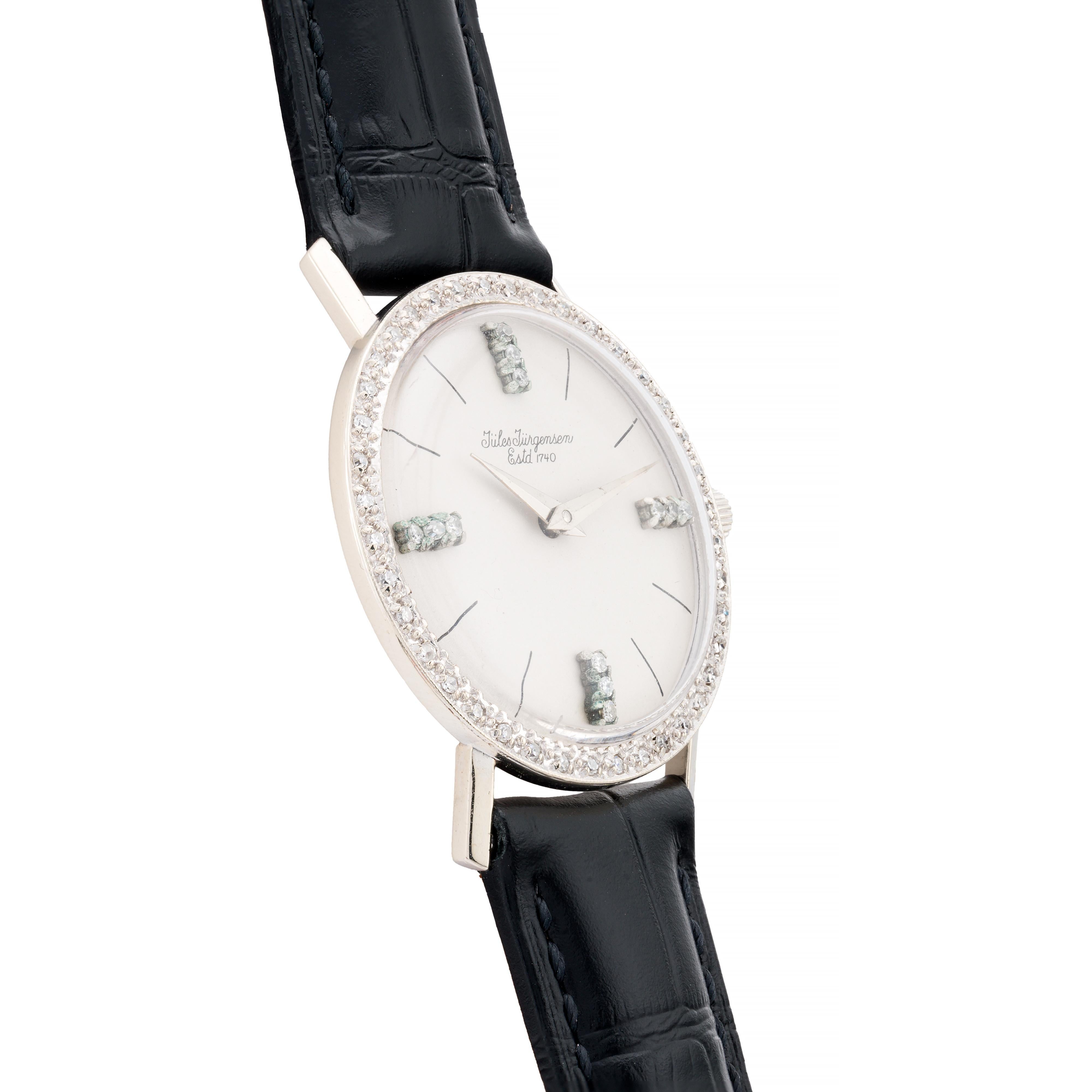 Retro Jules Jurgensen Diamond Bezel & Dial 14 Karat White Gold Wrist Watch For Sale