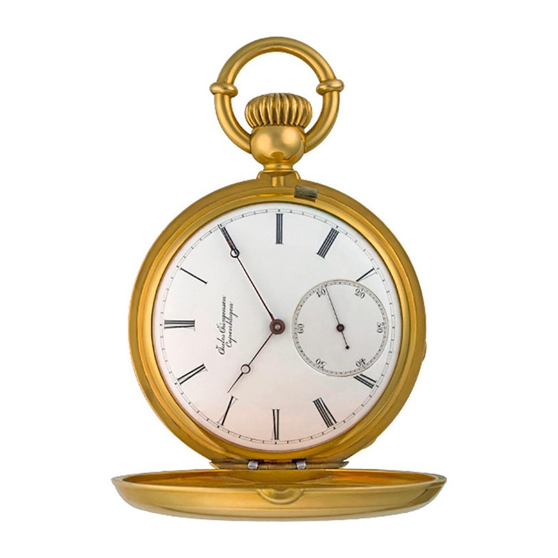 Jules Jurgensen Copenhagen hunter case pocket watch 17 jewels, porcelain dial and moon hands. in 18k pink gold. Monogrammed on one side - high polish finish on the other. 51mm case size. Manual with subseconds. Circa 1885. Fine Pre-owned Jules