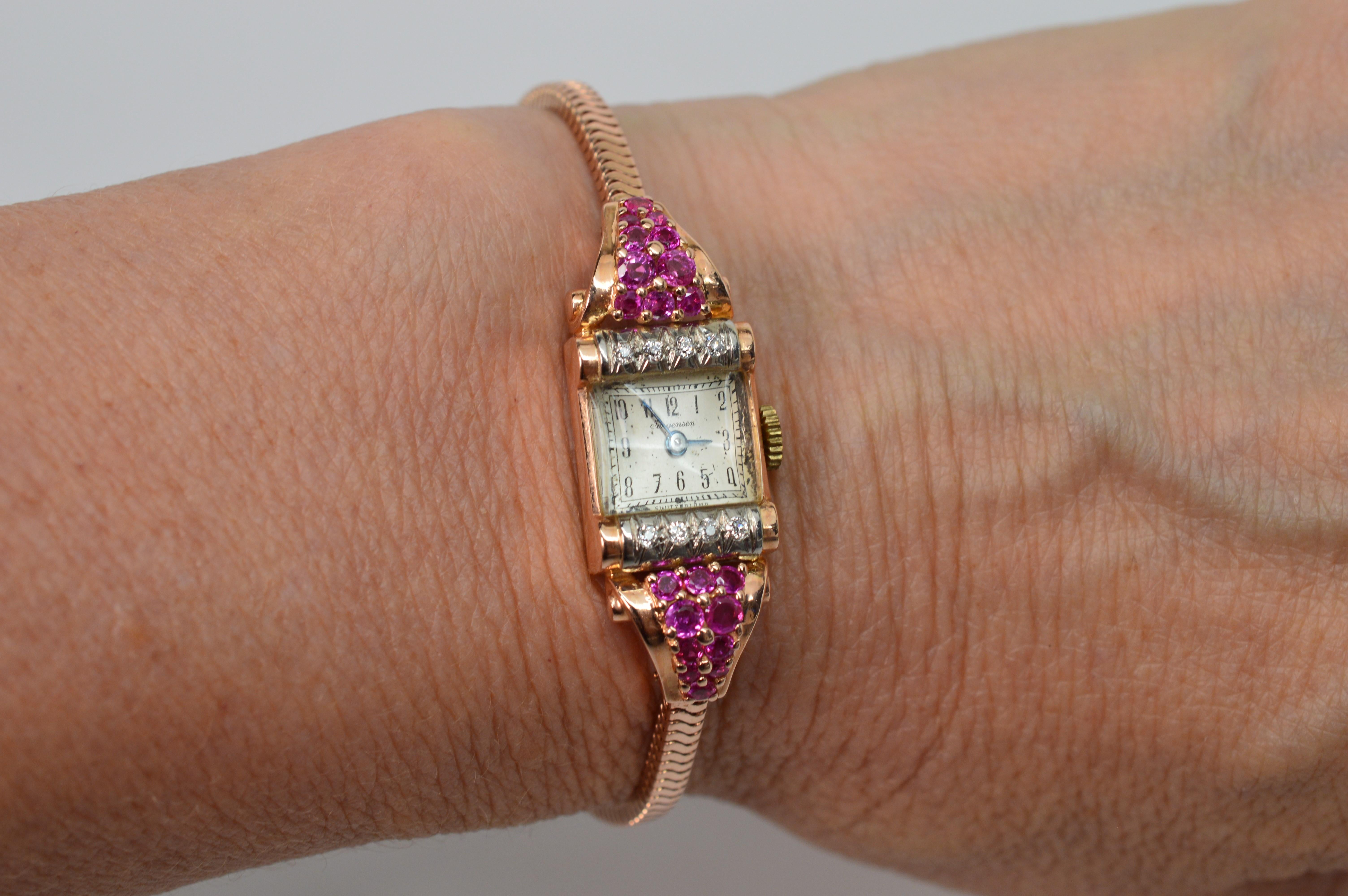 Jules Jurgensen Yellow Gold Bracelet Wristwatch with Ruby Accents For Sale 2