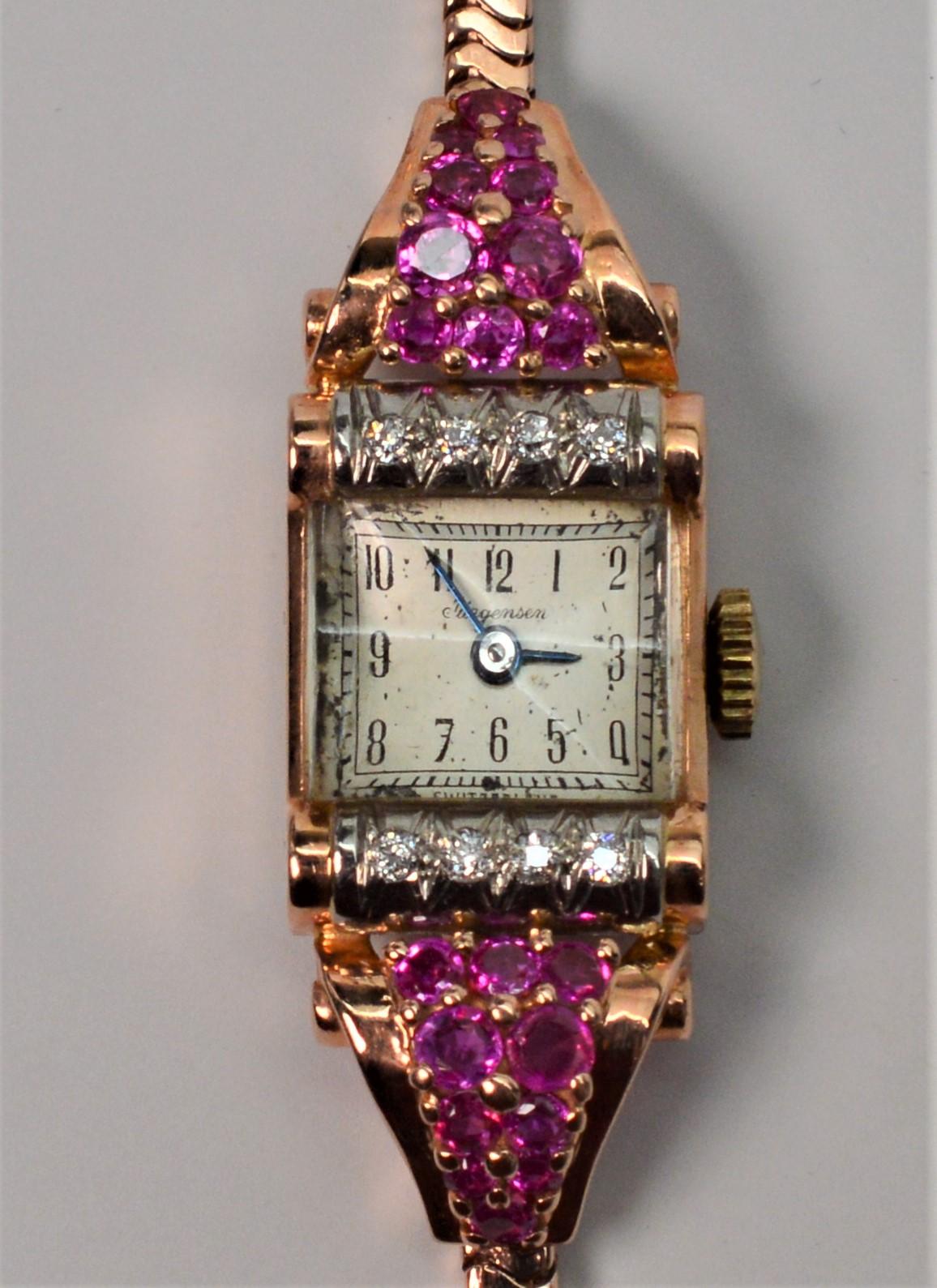 Jules Jurgensen Yellow Gold Bracelet Wristwatch with Ruby Accents In Good Condition For Sale In Mount Kisco, NY