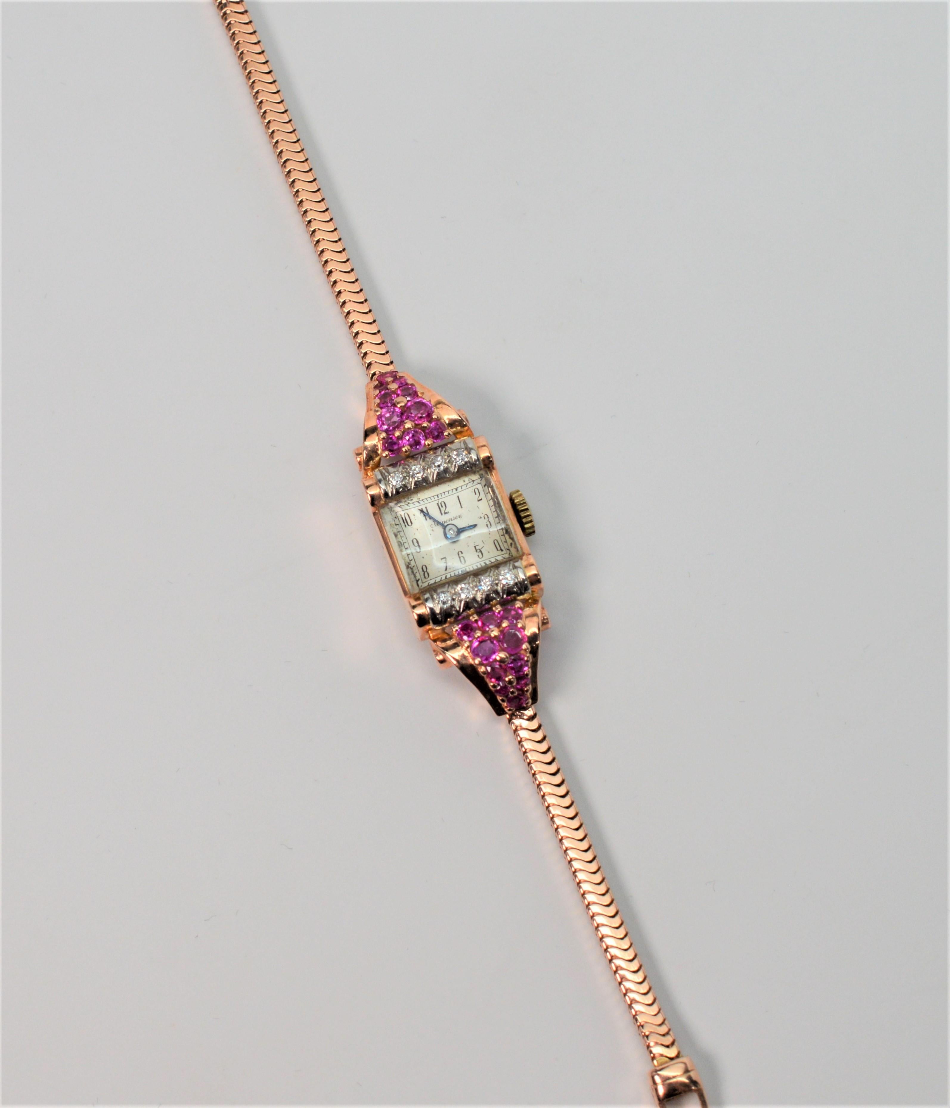 Women's Jules Jurgensen Yellow Gold Bracelet Wristwatch with Ruby Accents For Sale