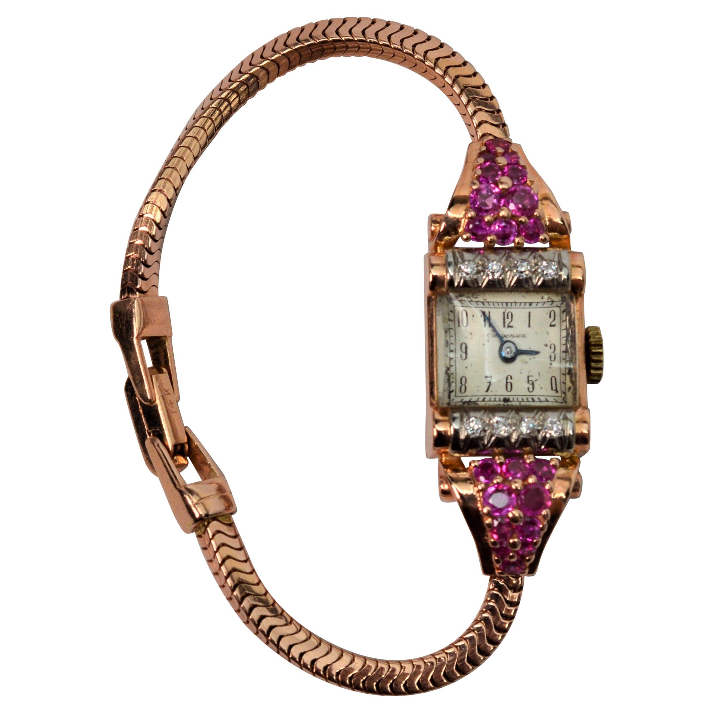 Jules Jurgensen Yellow Gold Bracelet Wristwatch with Ruby Accents For Sale