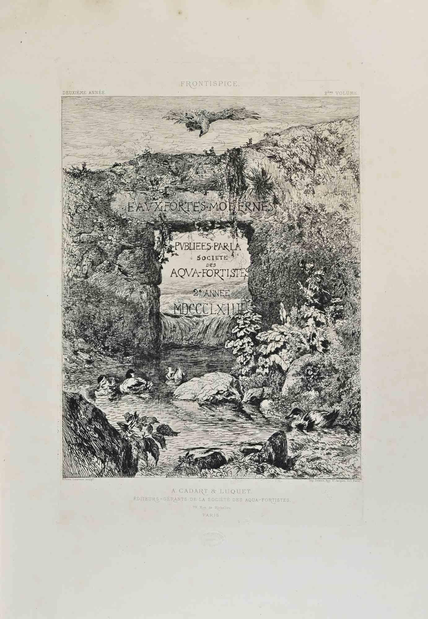 Frontispicio es un aguafuerte en blanco y negro realizado por Jules Laurens (1825 -1901) en la década de 1870.

Título anterior.

Tamaño de la imagen: 25cmx32cm.

Muy buen estado.

Realizado por Cadart para la "Société des Aquafortistes".

Nacida
