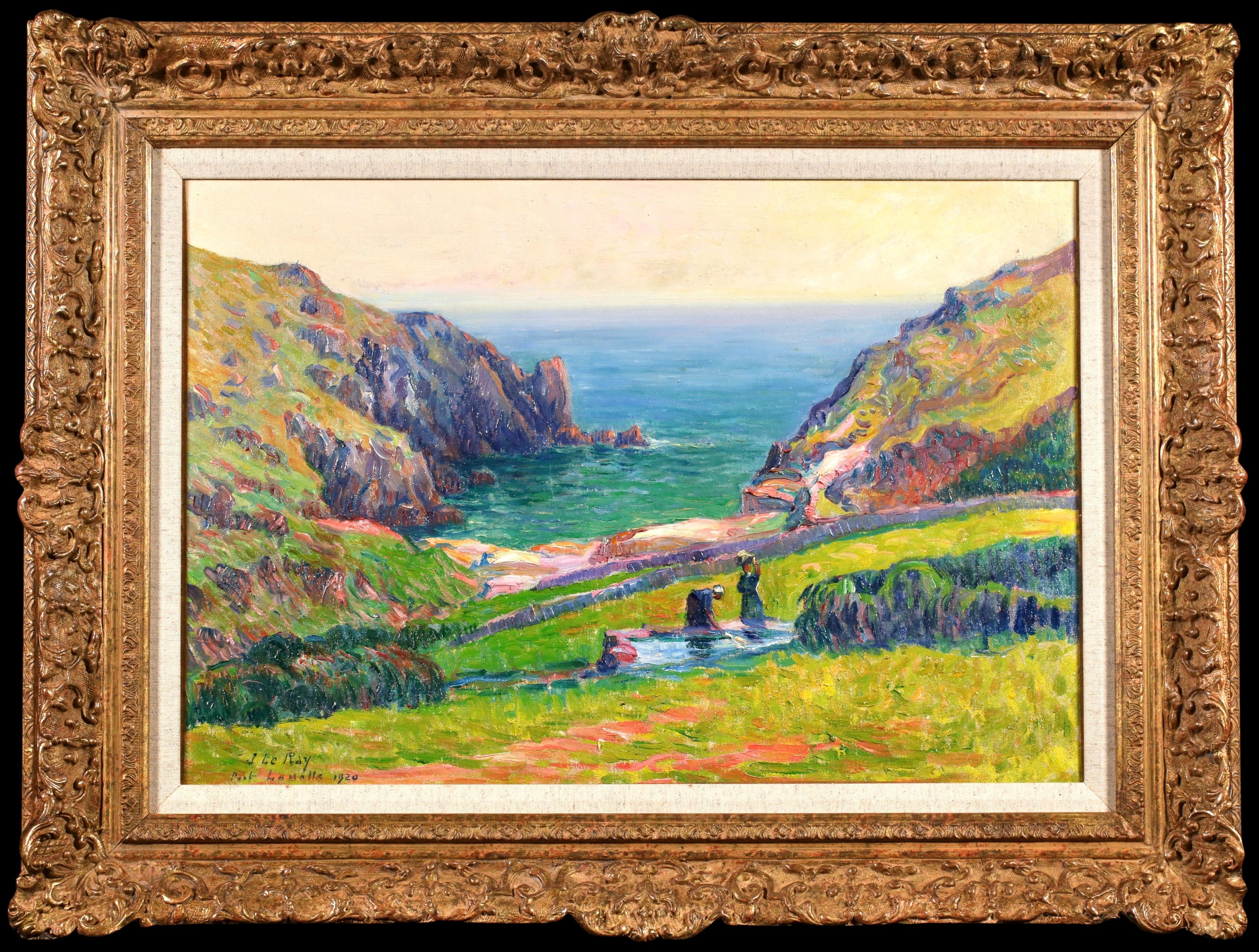 Signed, titled and dated oil on canvas figures in landscape by post-impressionist painter Jules Le Ray. The piece depicts two women on a top of a cliff overlooking the port of La Morte in Brittany, France.

Signature:
Signed, titled and dated 1920
