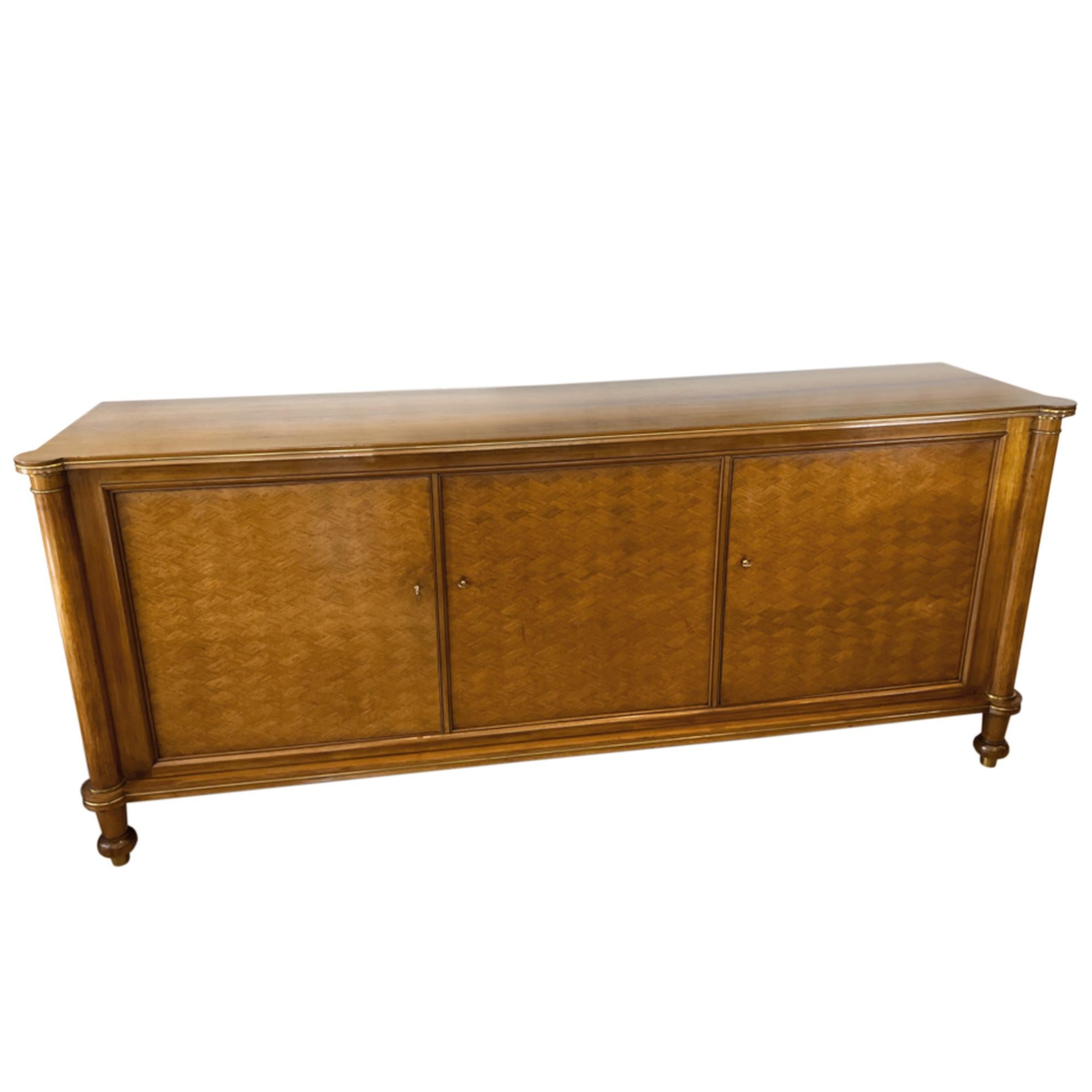 French Jules Leleu 3 Door Walnut Sideboard With Diamond Parquetry Detail