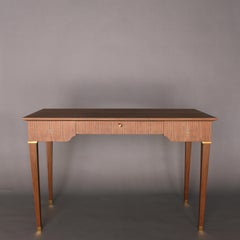 Jules Leleu- A French 1950s 3 Drawer Walnut Writing Table with Brass Details
