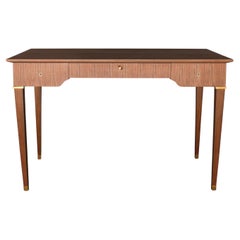 Jules Leleu- A French 1950s 3 Drawer Walnut Writing Table with Brass Details