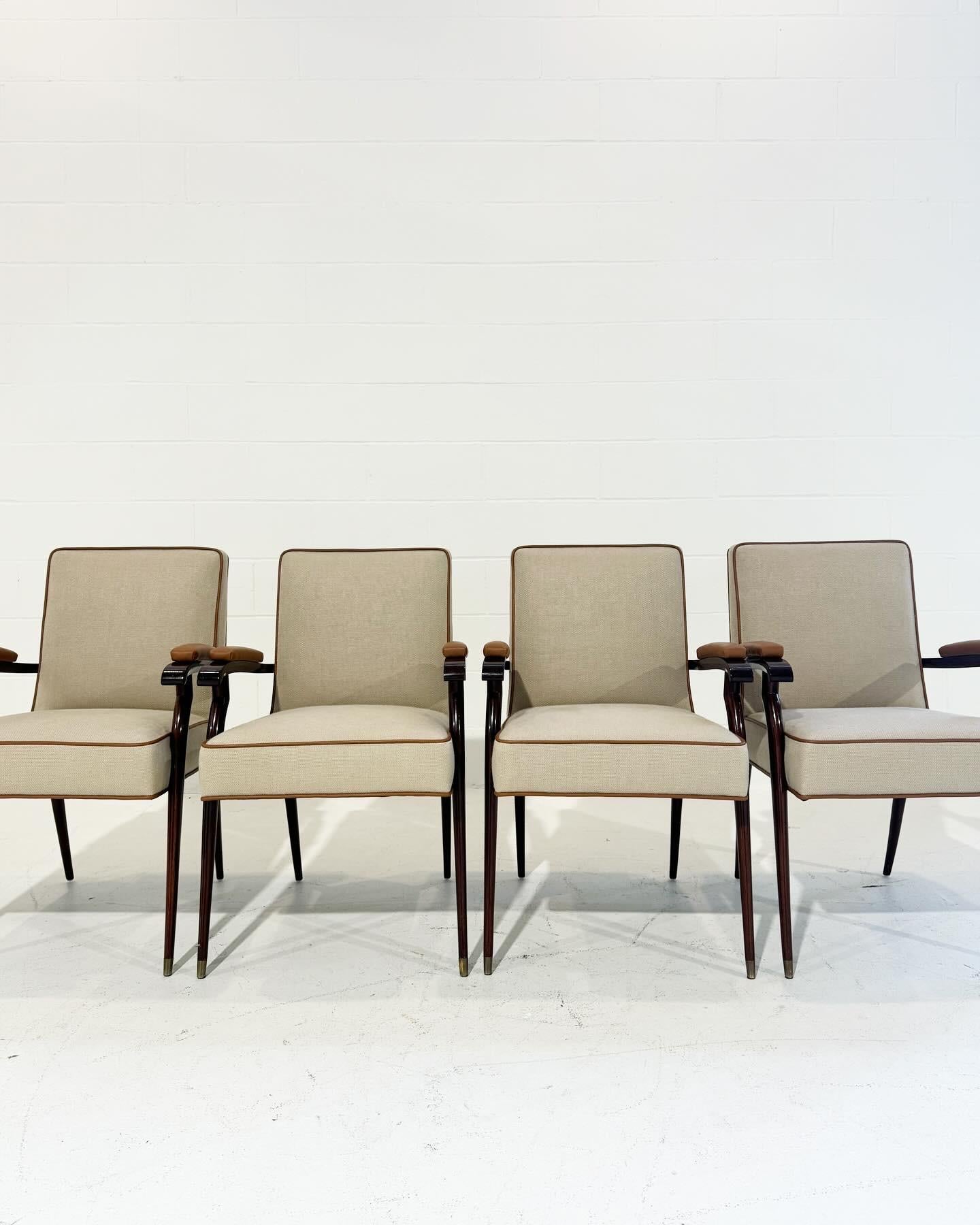 Beautiful set of armchairs by designer Jules Leleu. Impressed manufacturer's mark to underside of each example ‘Leleu Paris’.

One of a kind.

The chairs have been expertly reupholstered in linen from Loro Piana and welted in bufalo leather from