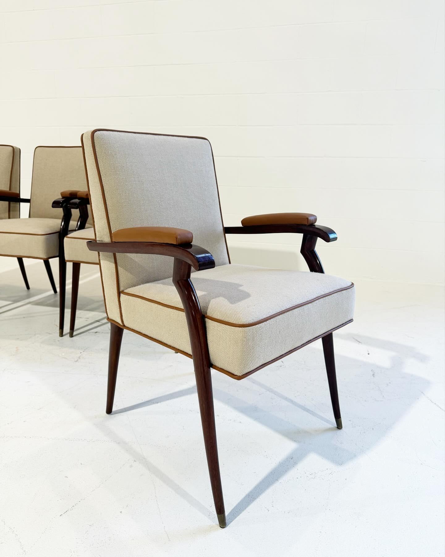 French Jules Leleu Armchairs in Loro Piana Linen and Leather, Set of 4