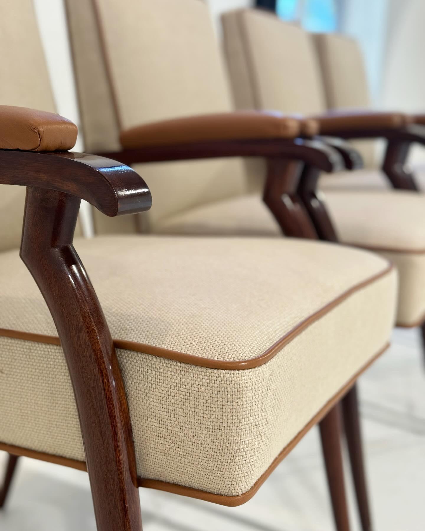 Mid-20th Century Jules Leleu Armchairs in Loro Piana Linen and Leather, Set of 4