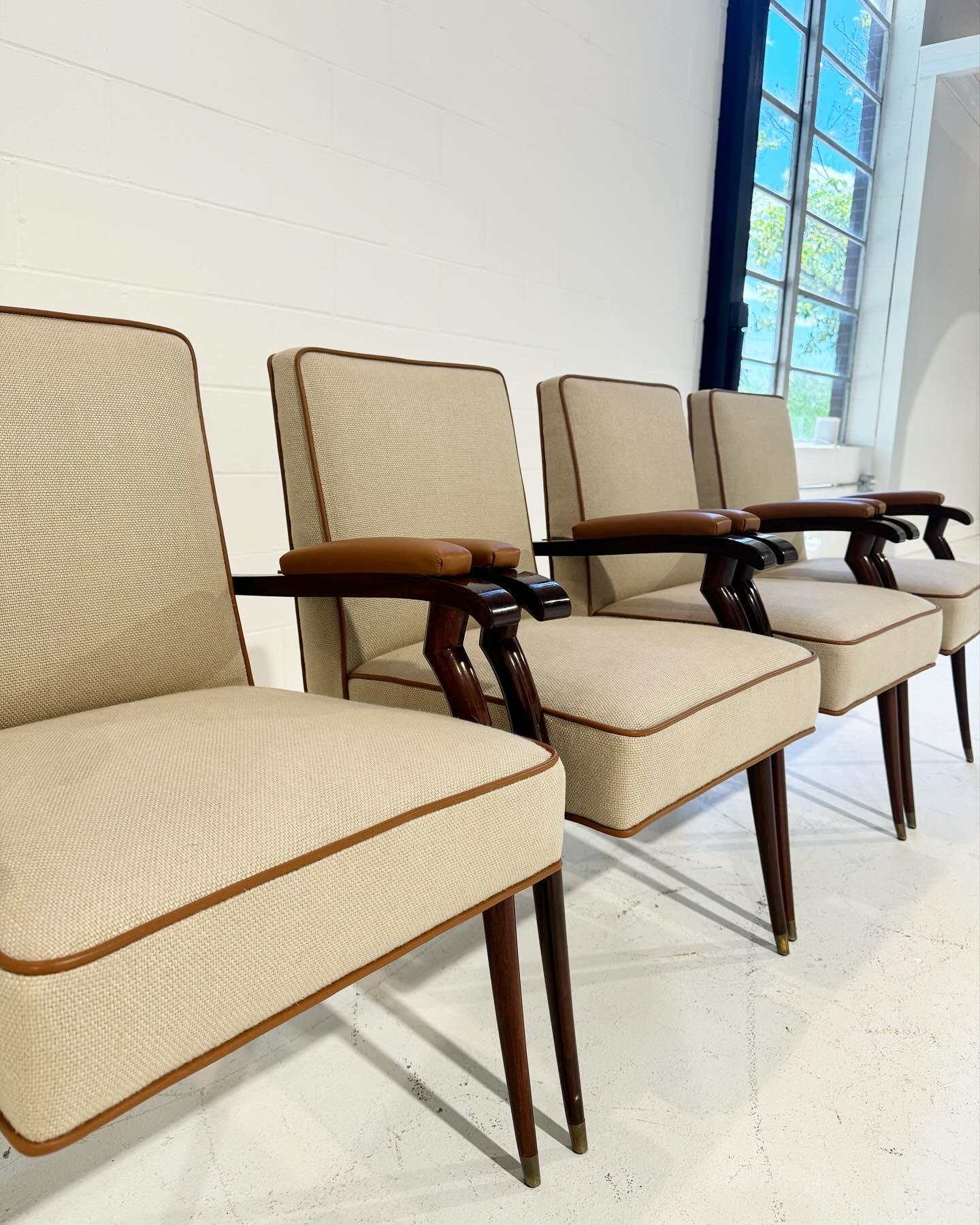 Brass Jules Leleu Armchairs in Loro Piana Linen and Leather, Set of 4