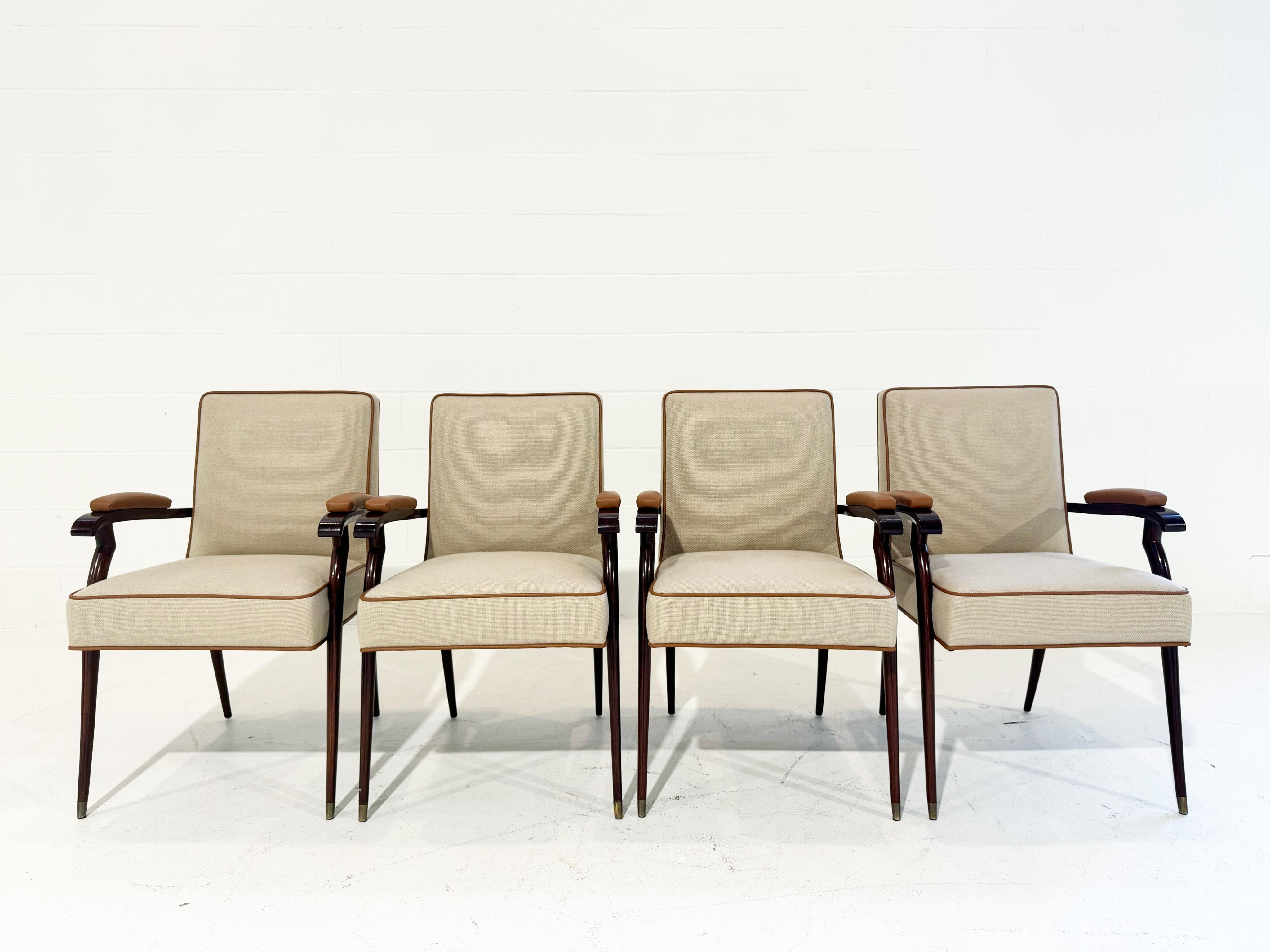 Jules Leleu Armchairs in Loro Piana Linen and Leather, Set of 4 1
