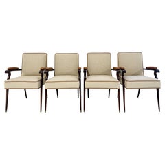 Jules Leleu Armchairs in Loro Piana Linen and Leather, Set of 4